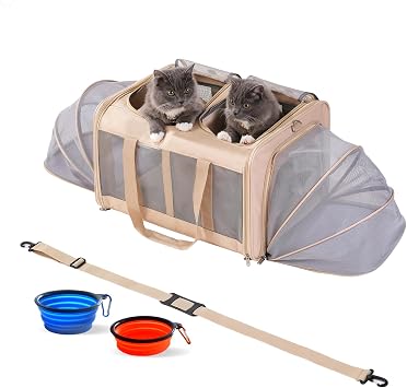 Double Cat Carrier for 2 Cats with Removable Soft Pad43.3 x 17 x13Inches, Collapsible&Expandable Pet Carrier for Large Cats and Small Dogs 35 LBS,Breathable Mesh Top,Safety Harness Beige, L