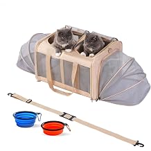 Double Cat Carrier for 2 Cats with Removable Soft Pad43.3 x 17 x13Inches, Collapsible&Expandable Pet Carrier for Large Cats and Small Dogs 35 LBS,Breathable Mesh Top,Safety Harness Beige, L