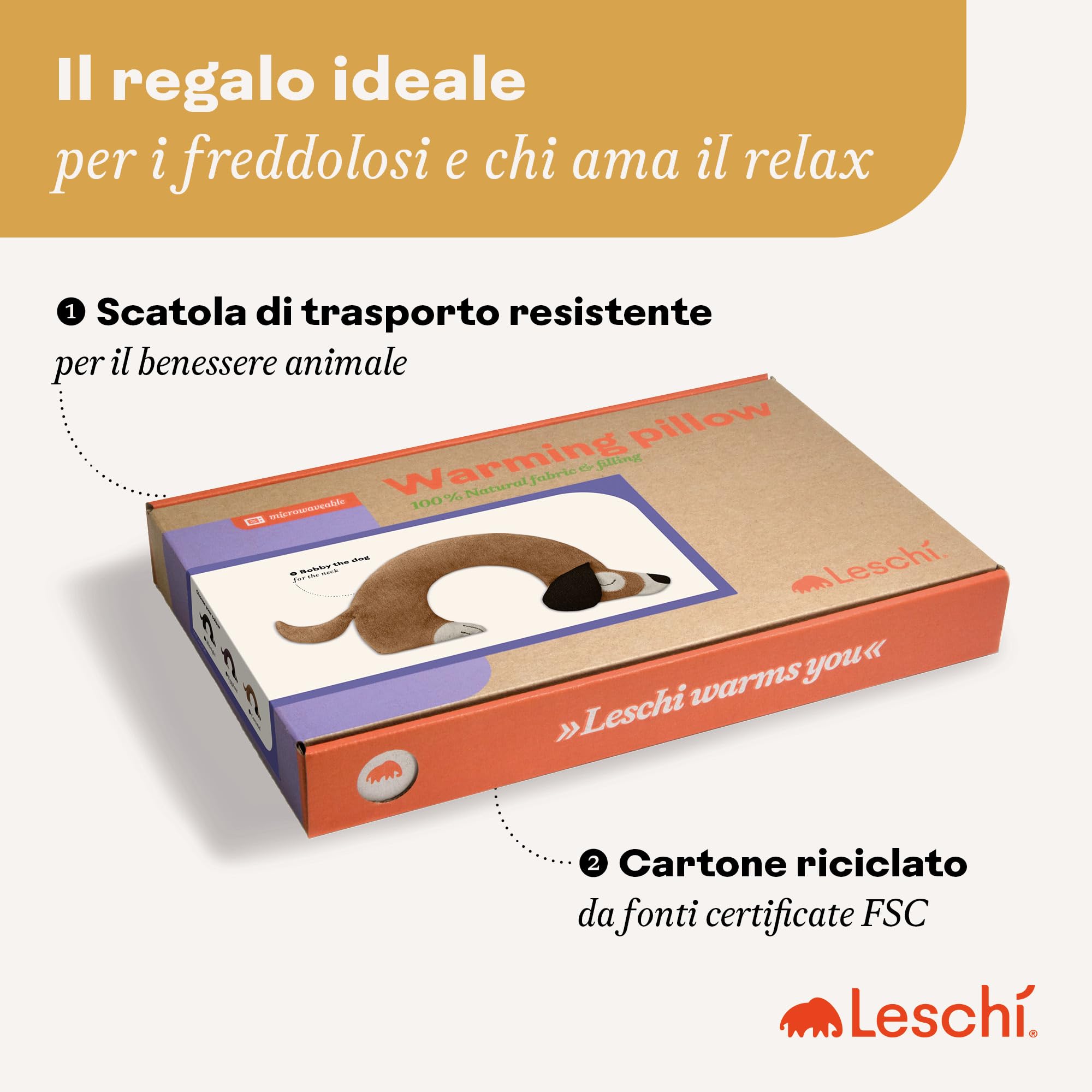 LESCHI Cuscino cervicale termico per microonde - 100% cotone e grano biologico - Cuscino riscaldante ideale per sciogliere tensioni a collo, spalle e schiena - Cane, beige