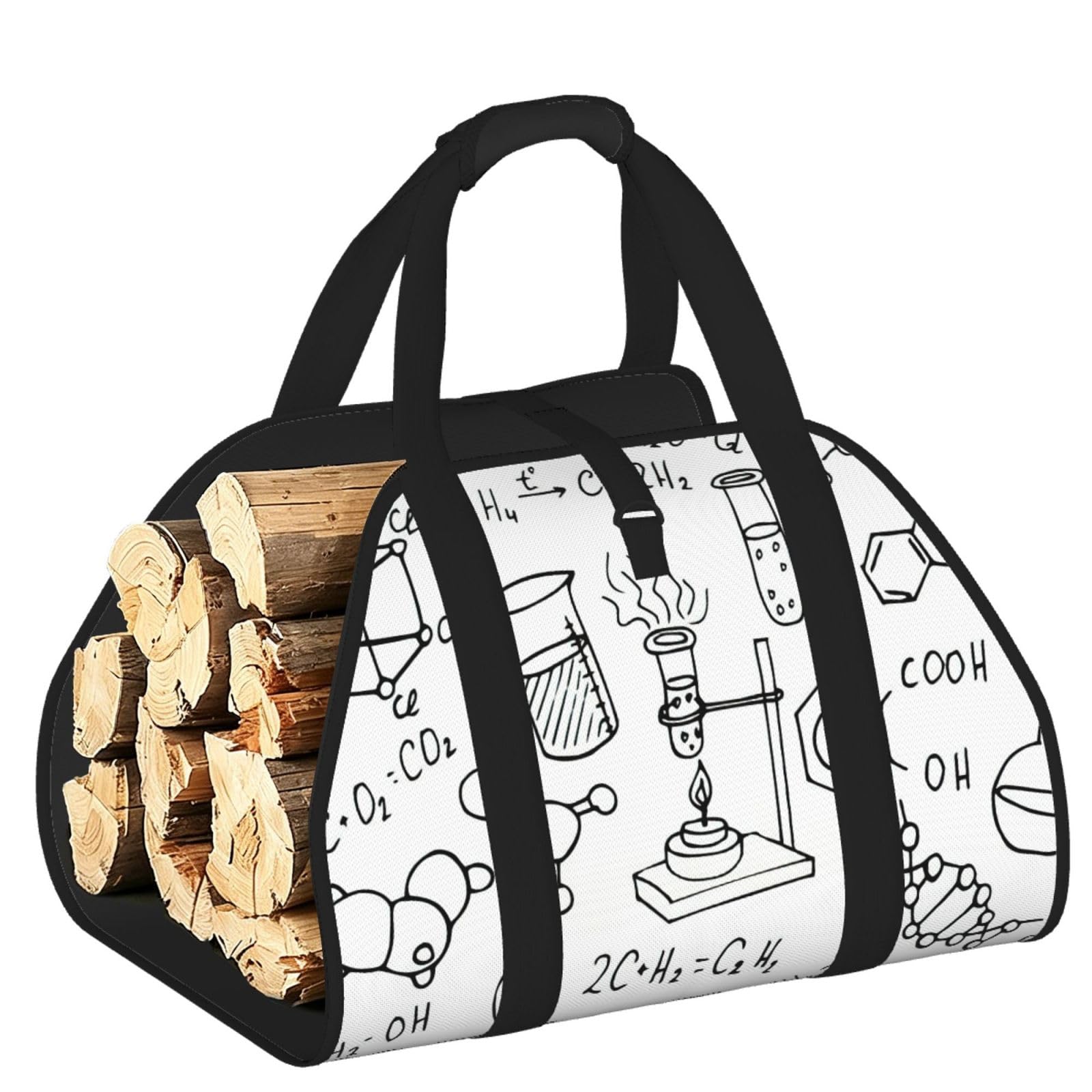 Pphgut Black Chemistry Print Print Firewood Bag Wood Carrier Transport Sack Camping Picnic Storage Daily Home