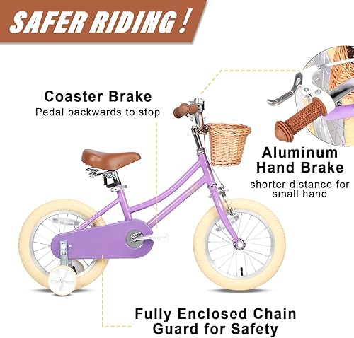 Miniatura 3 de Petimini Bicicleta para niñas con cesta para niños de 2 a 12 años, bicicleta de 12, 14, 16, 18 y 20 pulgadas, con ruedas de entrenamiento de