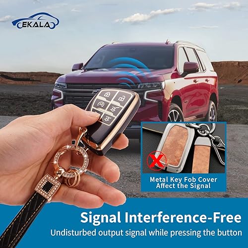 Miniatura 3 de EKALA Funda para llavero Chevy con llavero de cuero, 6 botones, carcasa de TPU suave para llaves de automóvil, compatible con Chevy Suburban Tahoe
