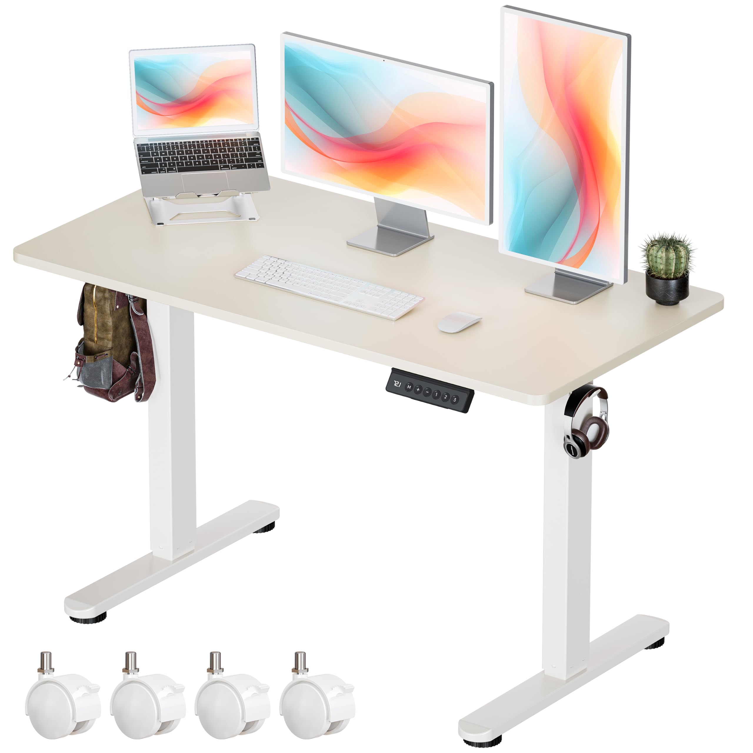 Okin Standing Desk Electric Adjustable Computer Whole Piece Stand up Desk with Wheels Office Gaming Home Office Memory Desks 48x24 inches Cream Brown