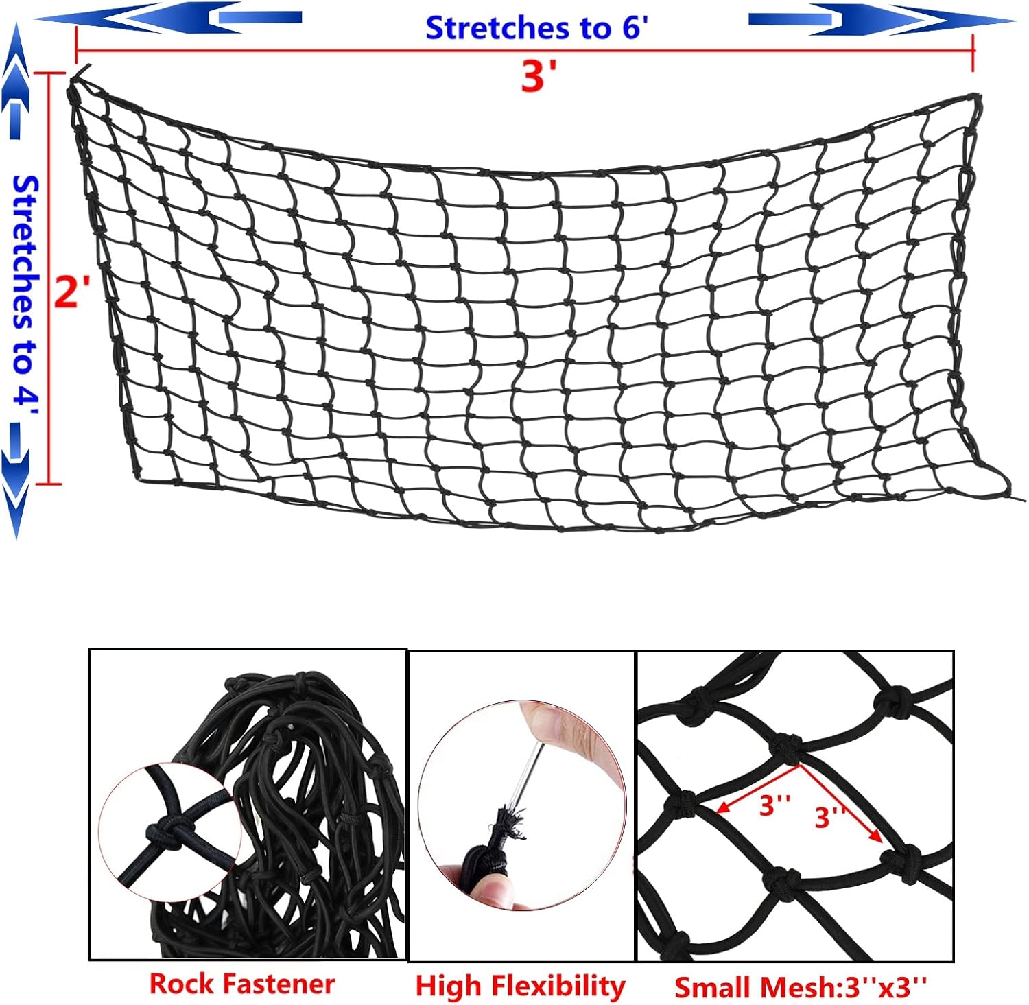 Cargo Net for Pickup Truck Bed 2 X 3 Foot Stretches to 4 X 6 ft, Heavy Duty Truck Bed Net with 3”x3” Small Mesh & 10pcs Carabiners Hooks Compatible with Ford, Dodge RAM, Chevy, Toyota 2' x 3'