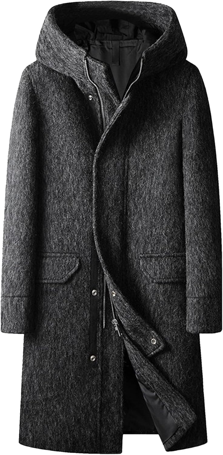 Maiyifu-GJ Men's Winter Warm Long Jacket Wool Blend Pea Coat Stylish Business Slim Fit Hoodie Coats Overcoat wih Pockets