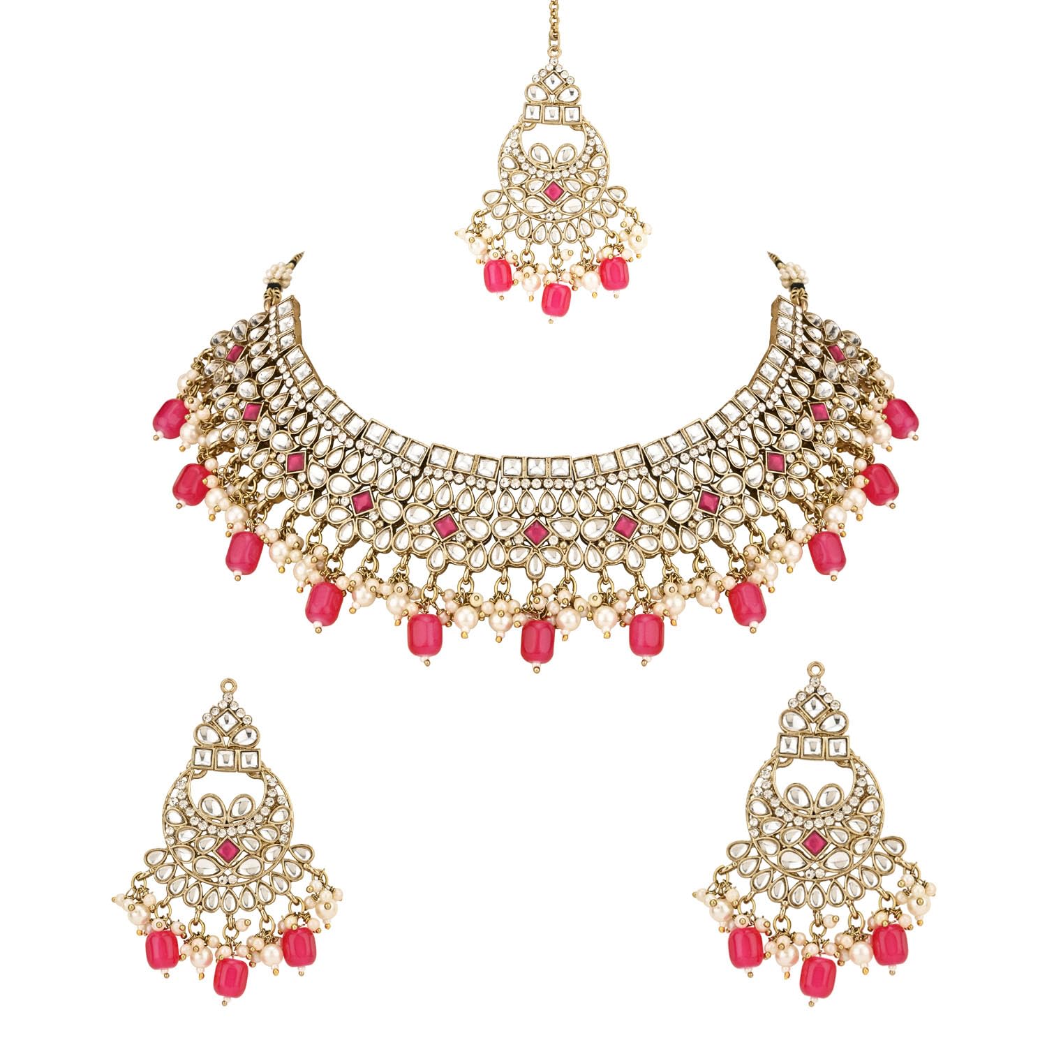 I Jewels Gold Plated Traditional Kundan Pearl Hanging Choker Necklace Jewellery Set With Earrings & Maang Tikka For Women & Girls (Pink-1) (B0D1QWK17C) Amazon Price History, Amazon Price Tracker