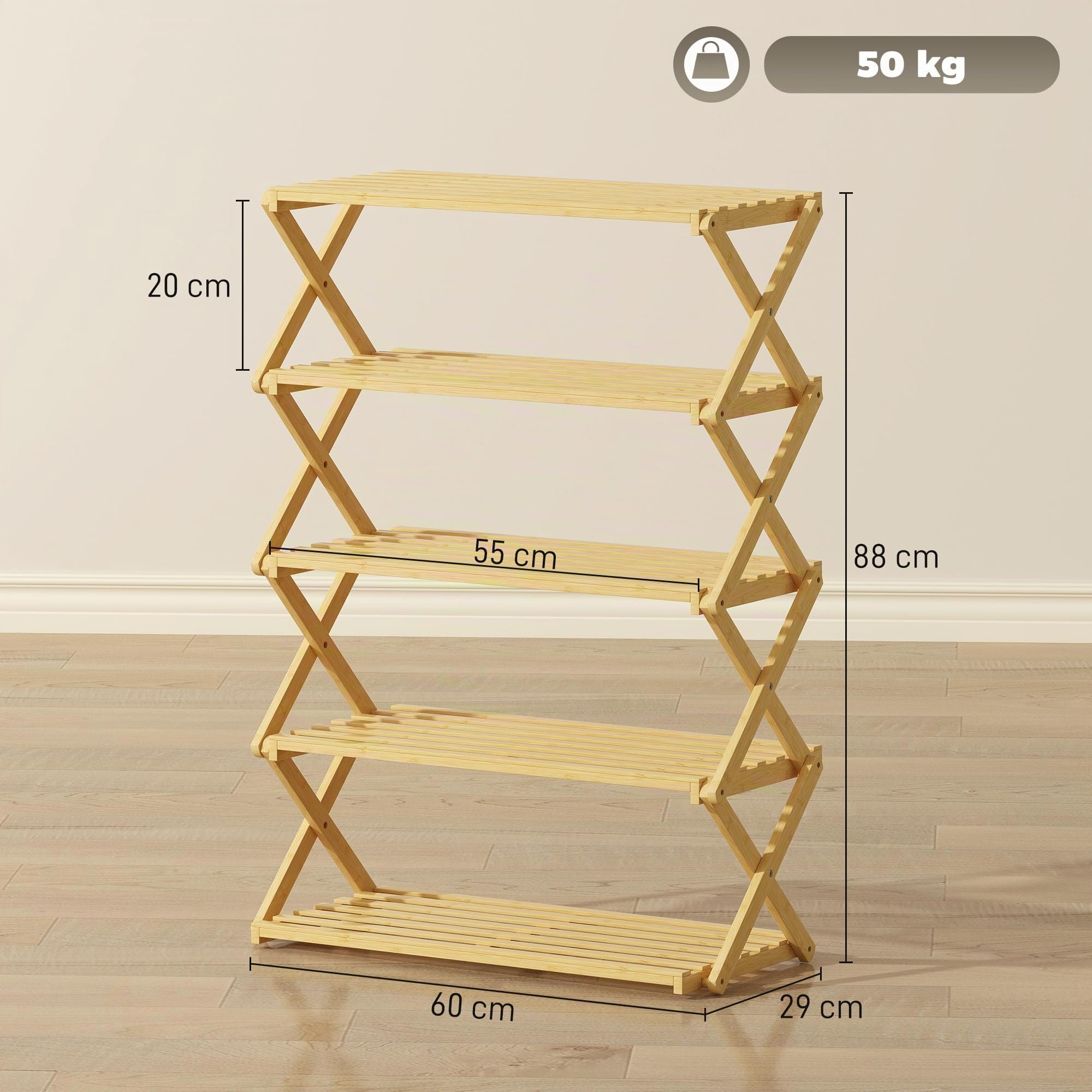 HOMCOM Zapatero Estrecho de Bambú, 5 Niveles, Sin Instalación, Natural | Zapatero Vertical Plegable, Estantería para Zapatos, Entrada, Pasillo, Dormitorio