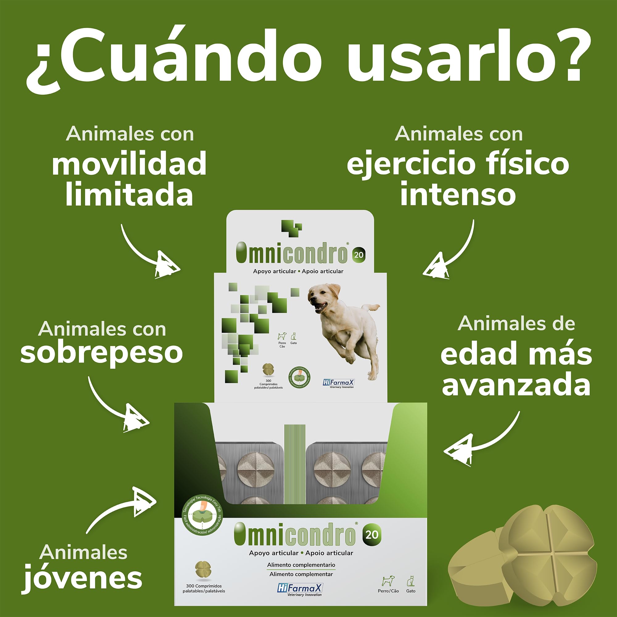 Omnicondro 20 Hifarmax - Condroprotector para Perros y Gatos | Glucosamina y Condroitina para Articulaciones | Vitaminas Mascotas | Suplementos para Perros Mayores | 300 Comprimidos