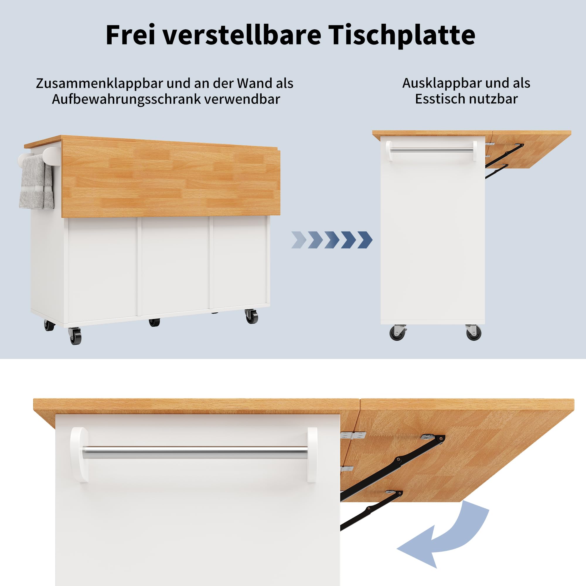 Kücheninsel, Küchenschrank, Ausziehbarer Küchenwagen mit Rollen und Arbeitsplatte, Servierwagen mit Gewürzregal und 8 Schubladen, Weiß