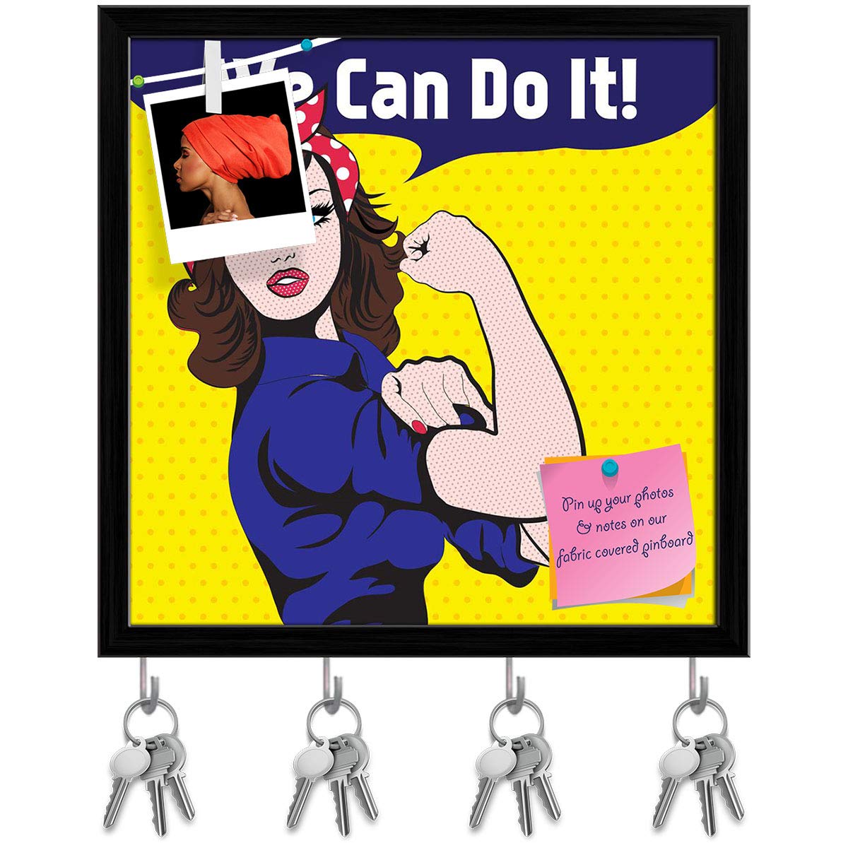 ArtzFolio We Can Do It Key Holder Hooks | Notice Pin Board | Black Frame 16 X 16Inch