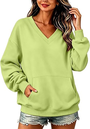 Womens V Neck Fall Outfits Oversized Pullover Plain Casual Long Sleeve Tops