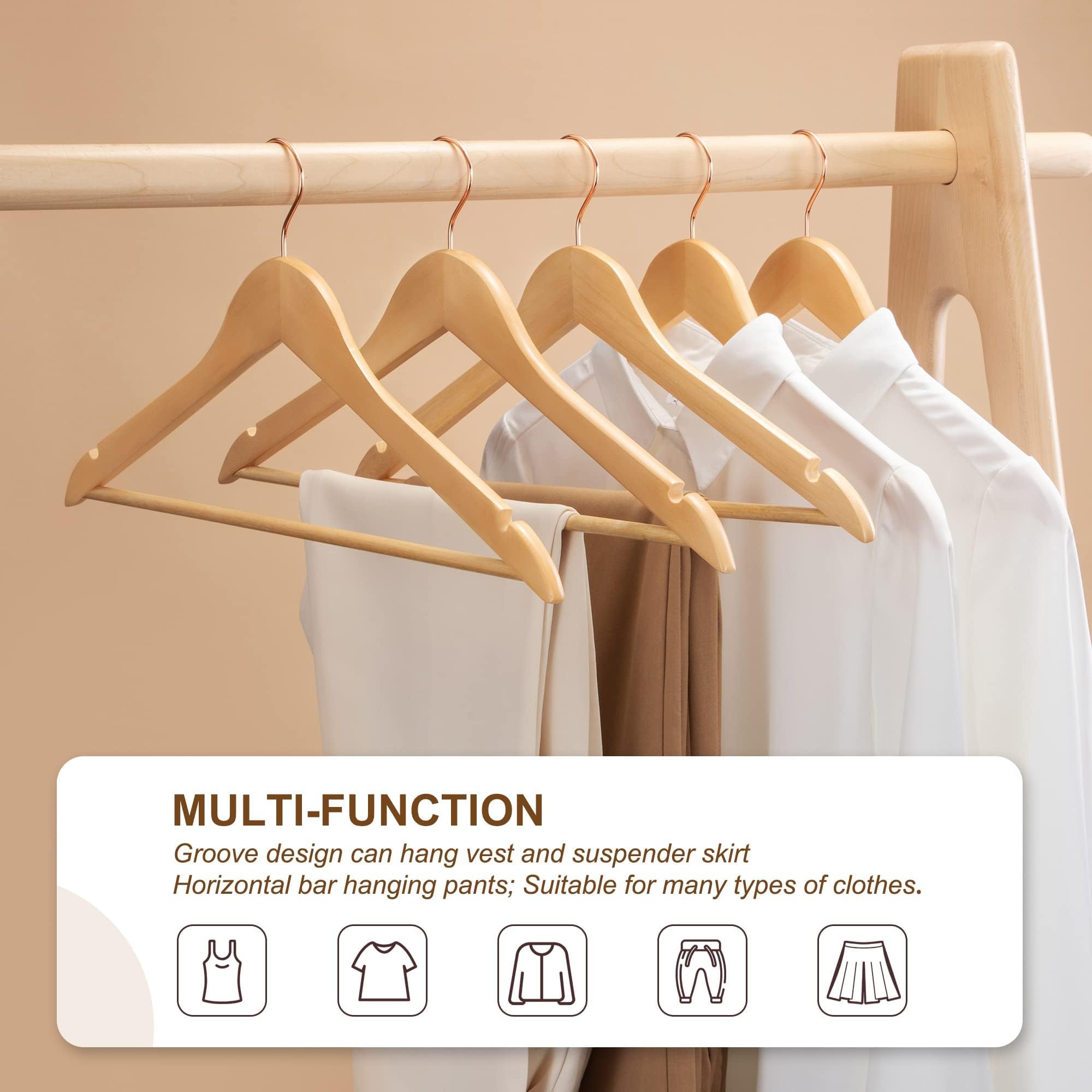 HOUSE DAY Perchas de Madera, 20 Piezas, Ganchos de Oro Rosa, Perchas Resistentes, Superficie Lisa Natural, Perchas de Madera de Primera Calidad para Ropa, Traje, Colores Naturales