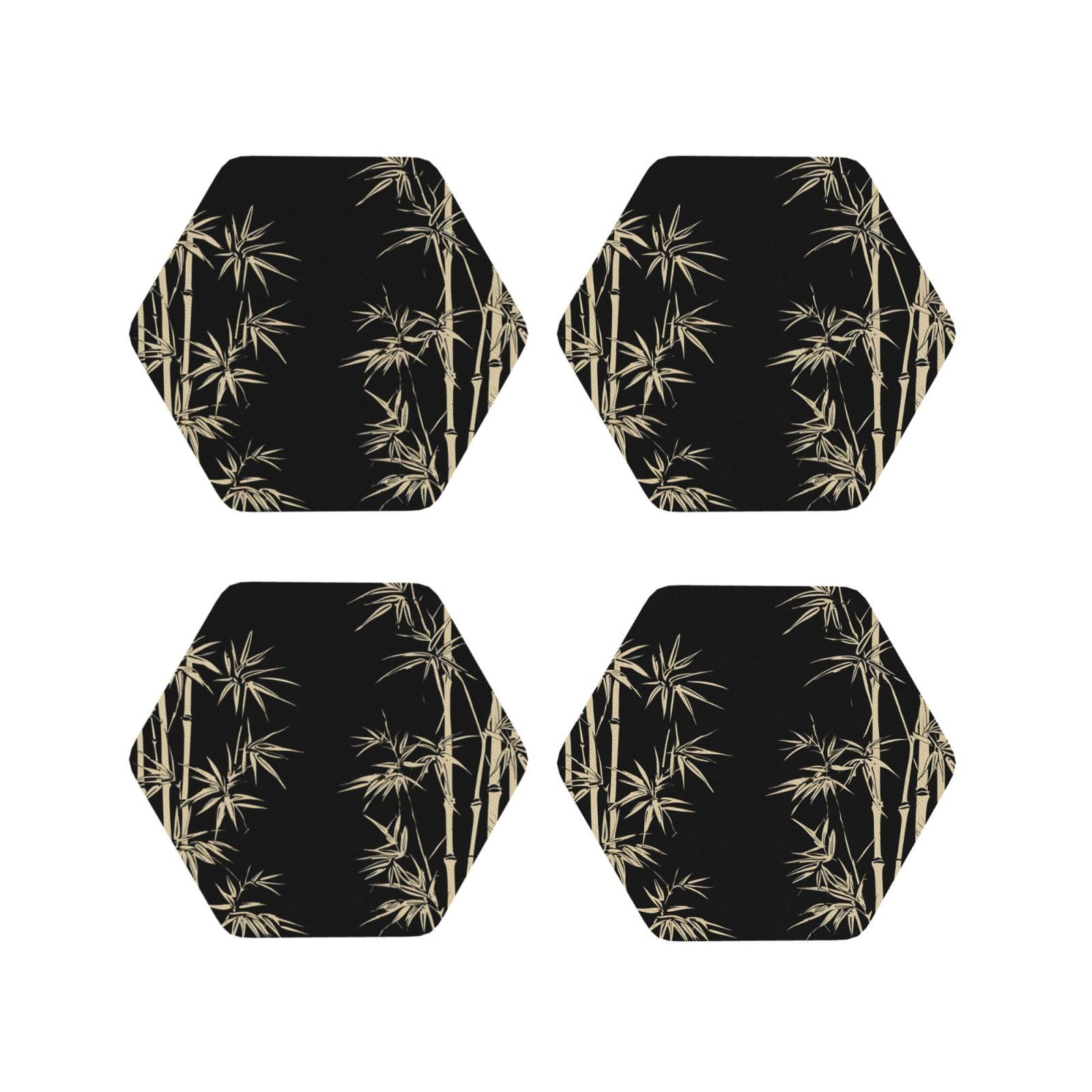 4Pcs PU Leather Coaster for Drinks, Asian Bamboo Cup Coastersr 4" Cup Mat Pad, Aesthetic Drink Coasters for Coffee Table, Hexagon Coaster for Tabletop Protection
