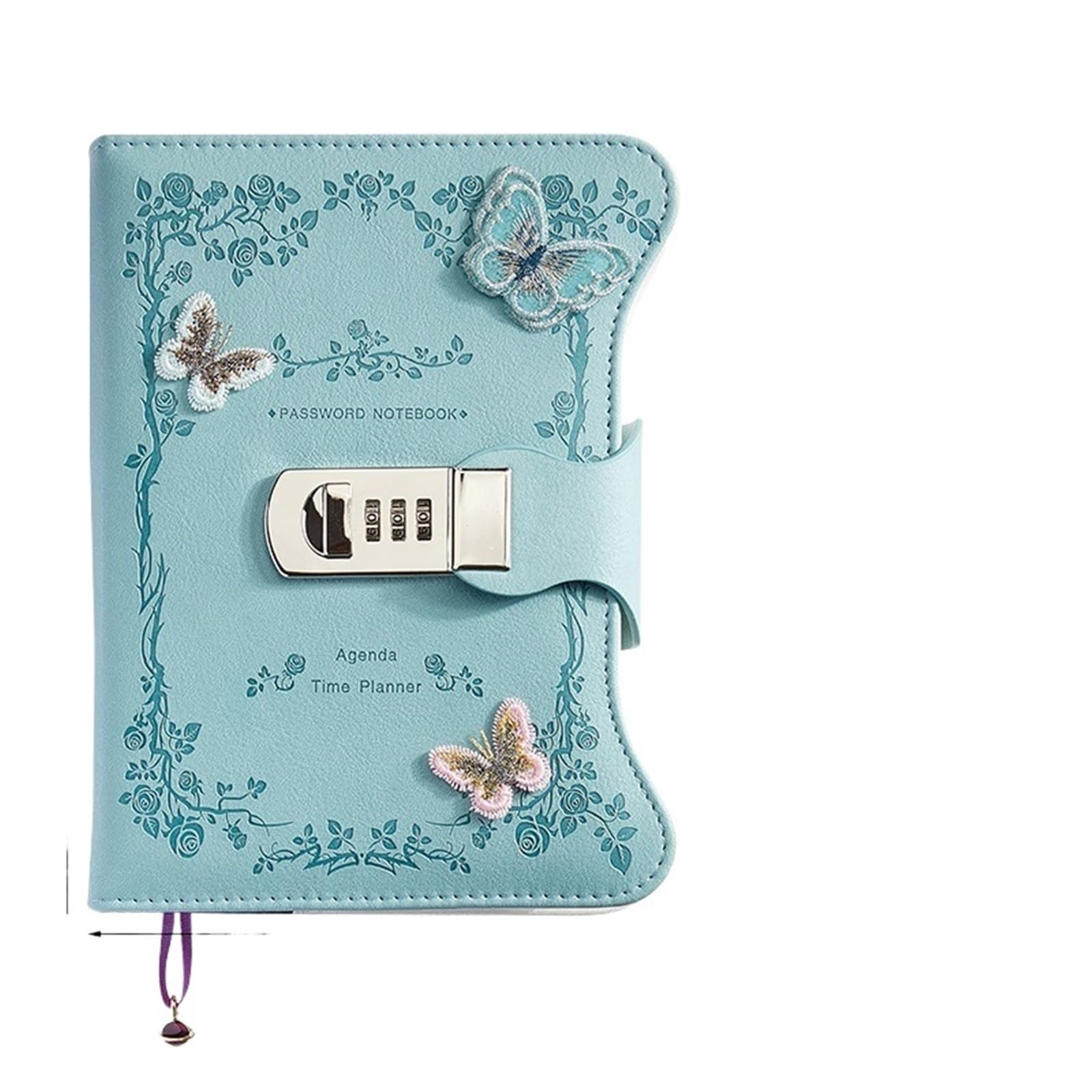 Literarisches Mädchen-Herz-Schmetterlings-Passwortsperr-Notizbuch for Mädchen, geheimes Tagebuch mit Anhänger, PU, ​​exquisites Studenten-Notizblock-Bürobuch(Blue-Rose Garden)
