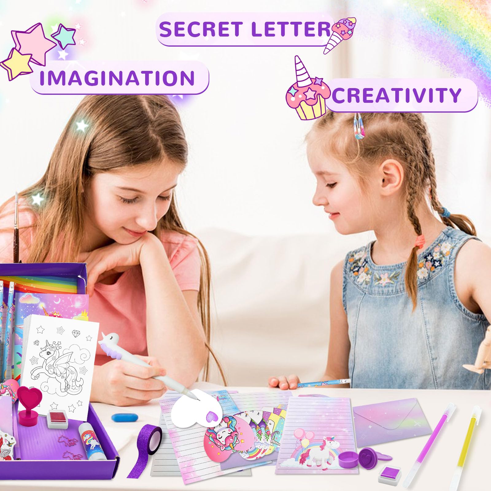 Licorne Ensemble de Papeterie, Cadeau Fille 6 7 8 9 10 11 12 Ans, Journal Intime Fille, Kit Carnet Scrapbooking Enfant, Jeux Creatif, Kit D'écriture, Cadeaux D'anniversaire Noël, 124 Pièces
