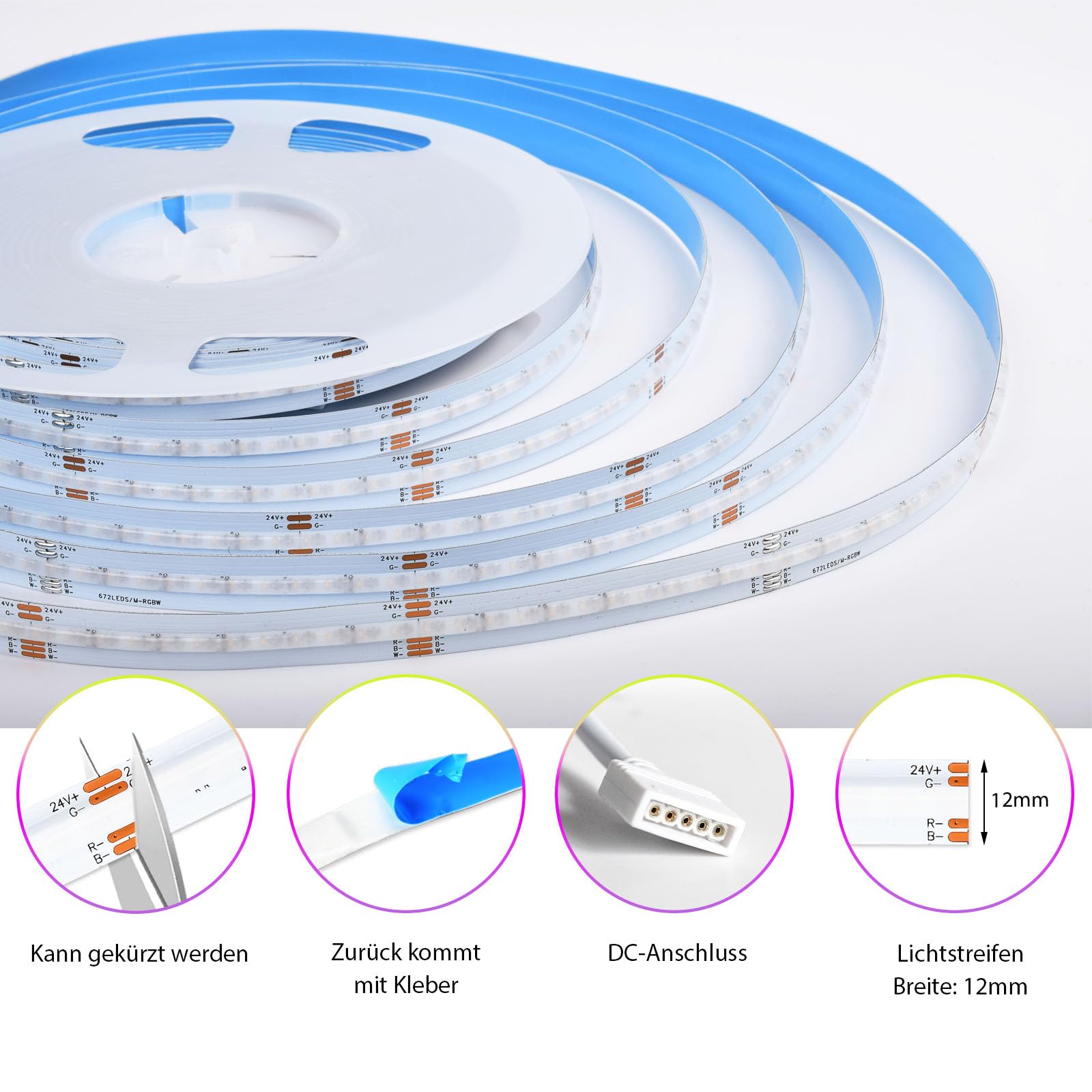 10M Wifi 24V COB Striscia LED RGB+Bianco caldo Senza alimentazione elettrica, 672LEDs/m Striscia LED dimmerabile Multicolore Senza alimentazione elettrica LED Nastro Striscia Luminosa LED COB Strip