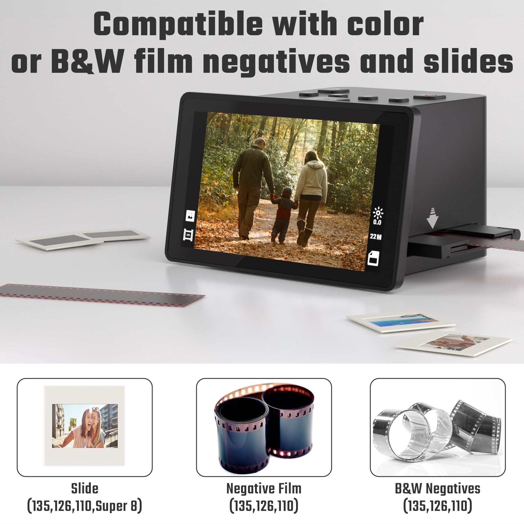 Scanner numérique de films et de diapositives avec grand écran LCD de 5 pouces, scanner négatif et scanner de diapositives pour numériser, convertit 135, 126 KPK, 110 négatifs et super 8 films en 22