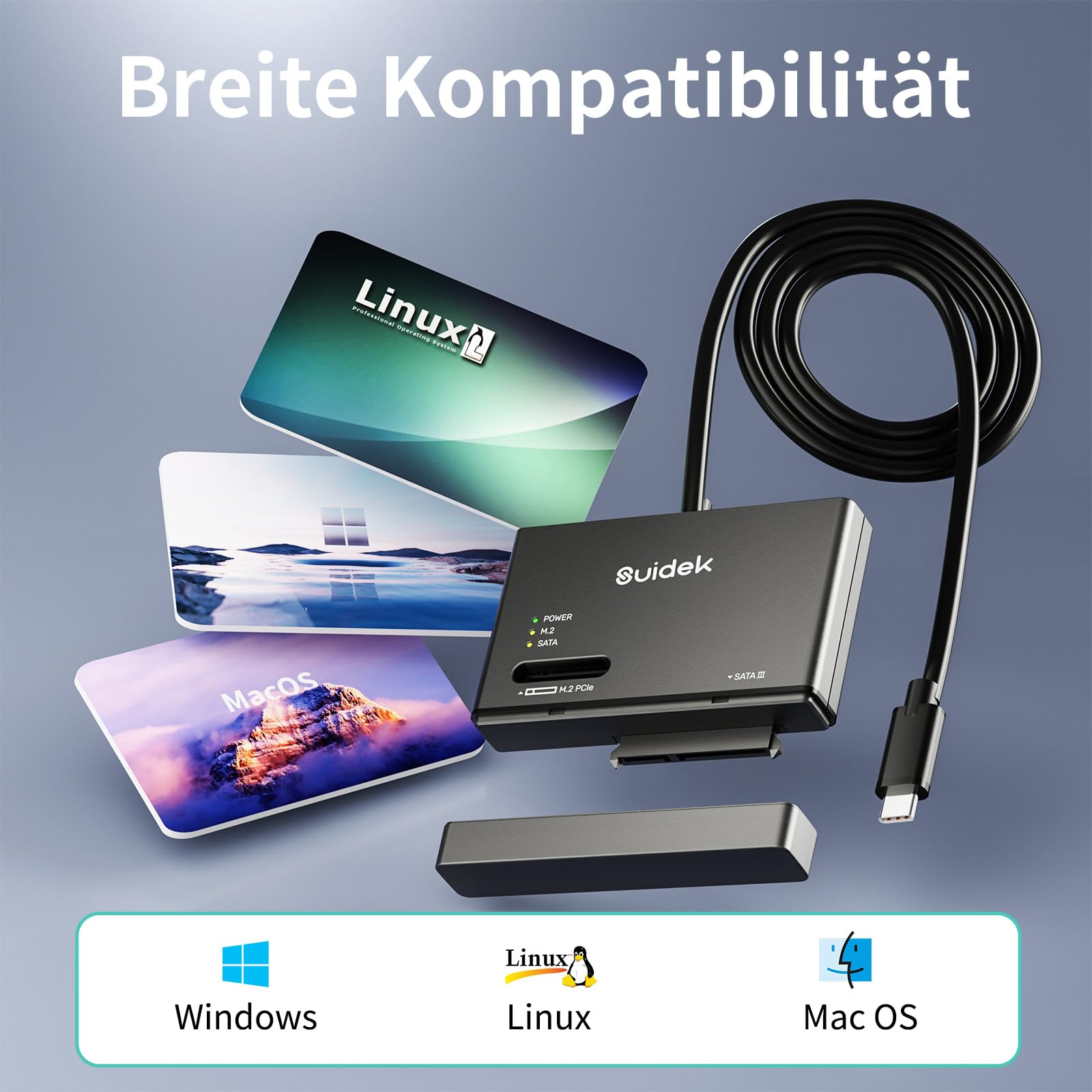 SUIDEK M.2 NVMe SSD Gehäuse Adapter, Typ-C 10Gbps auf M.2 und SATA Festplattenleser Externes M2 PCIe NVMe SSD Gehäuse Kompatibel mit (M Key&M+B Key) Jeder Größe und 2.5"/3.5“ SATA Solid State Disk