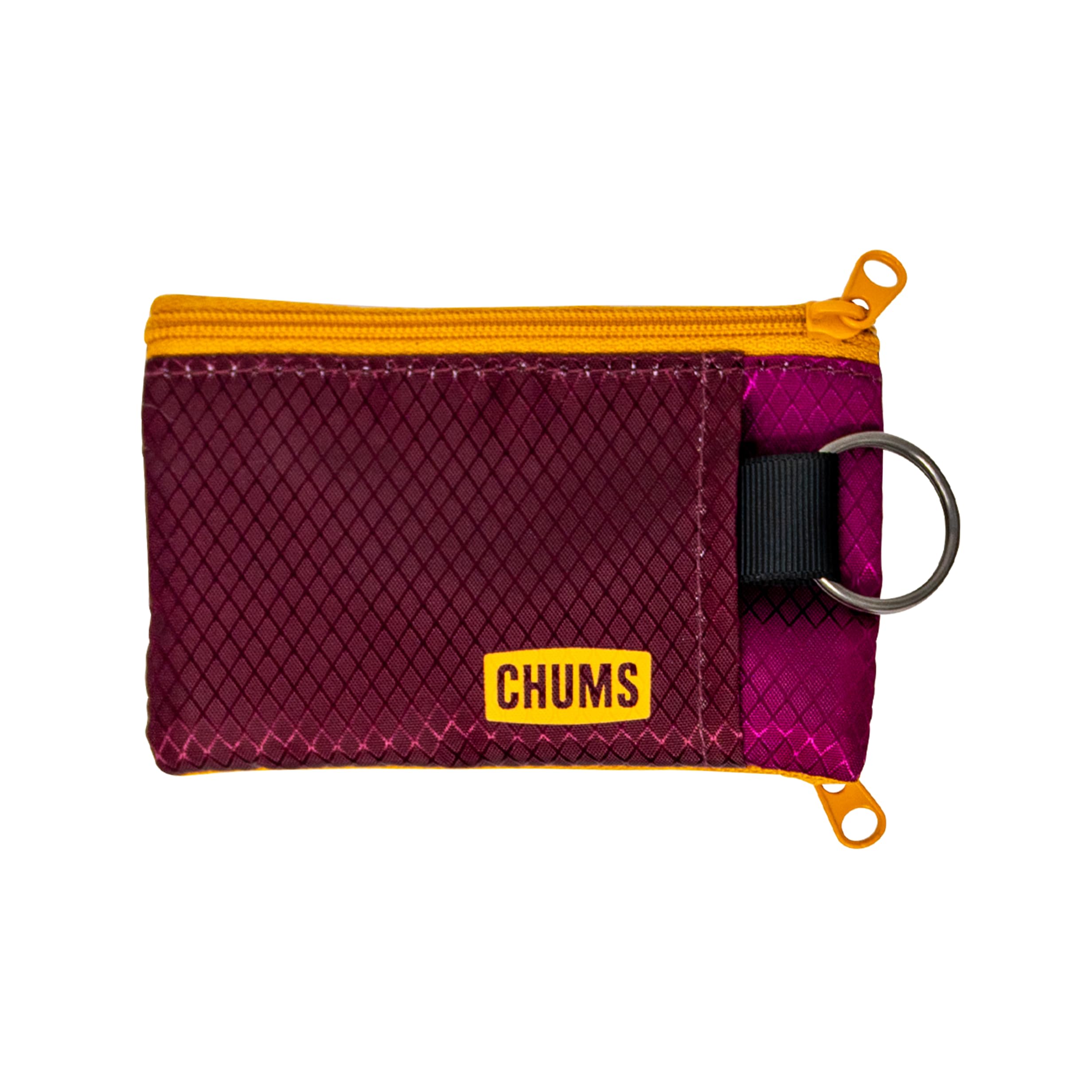 Chums Surfshorts Wallet - Solid Colors Collection, Lightweight Slim Wallet with RFID Blocking Card & Clear ID Window - Zippered Minimalist Wallet w/Key Ring WINE/BERRY