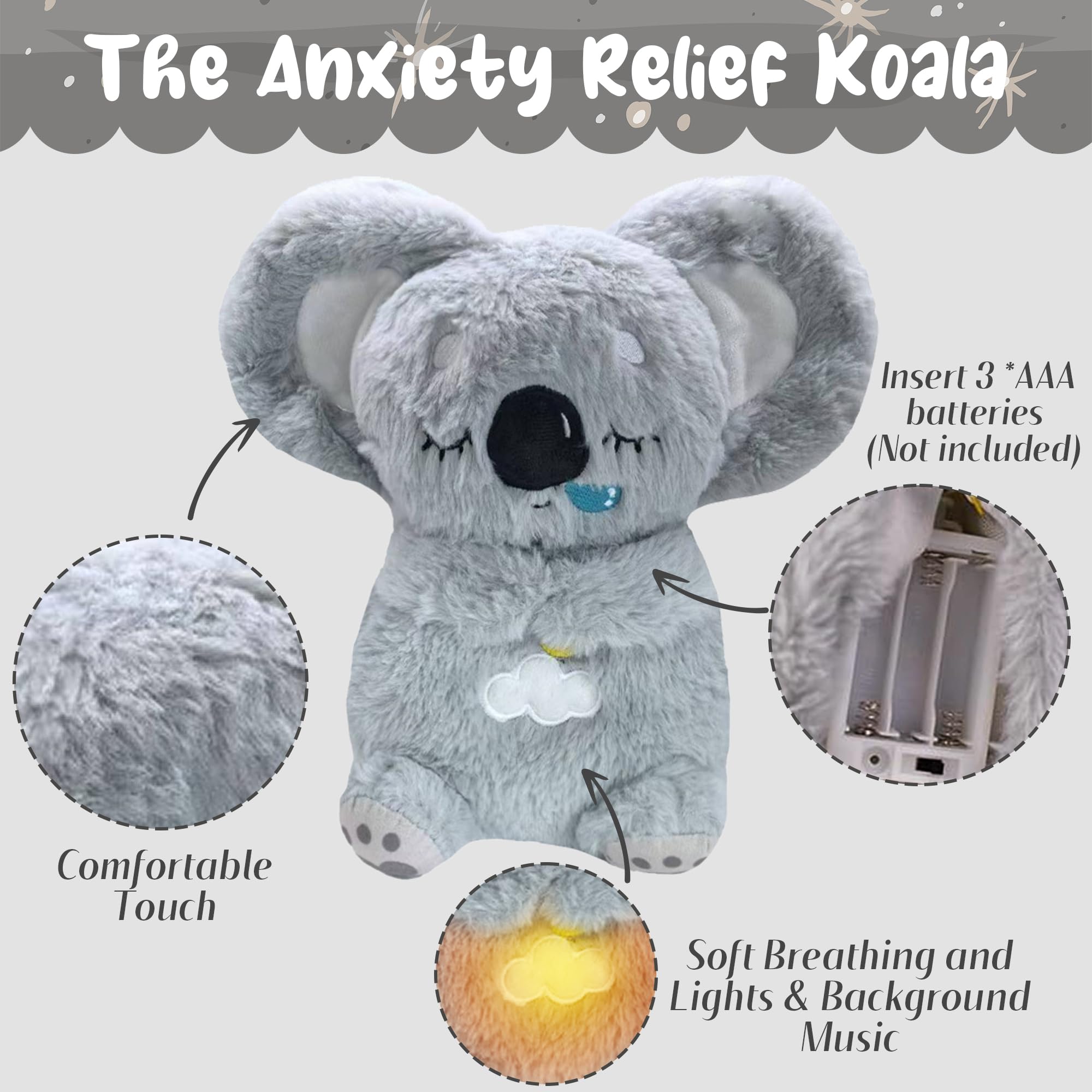 GwaOery Breathing Teddy Anxiety Bear, Anxiety Relief Koala Sensory Plush, Soothing Stress Toys with Calming Music Lights - Image 4