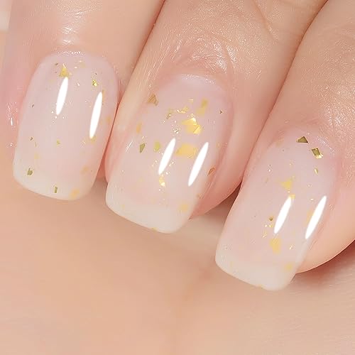 YTD Likomey Esmalte de uñas en gel, 0.5 onzas líquidas, lámina de oro blanco lechoso, translúcido, neutro, escamas doradas, purpurina para salón de