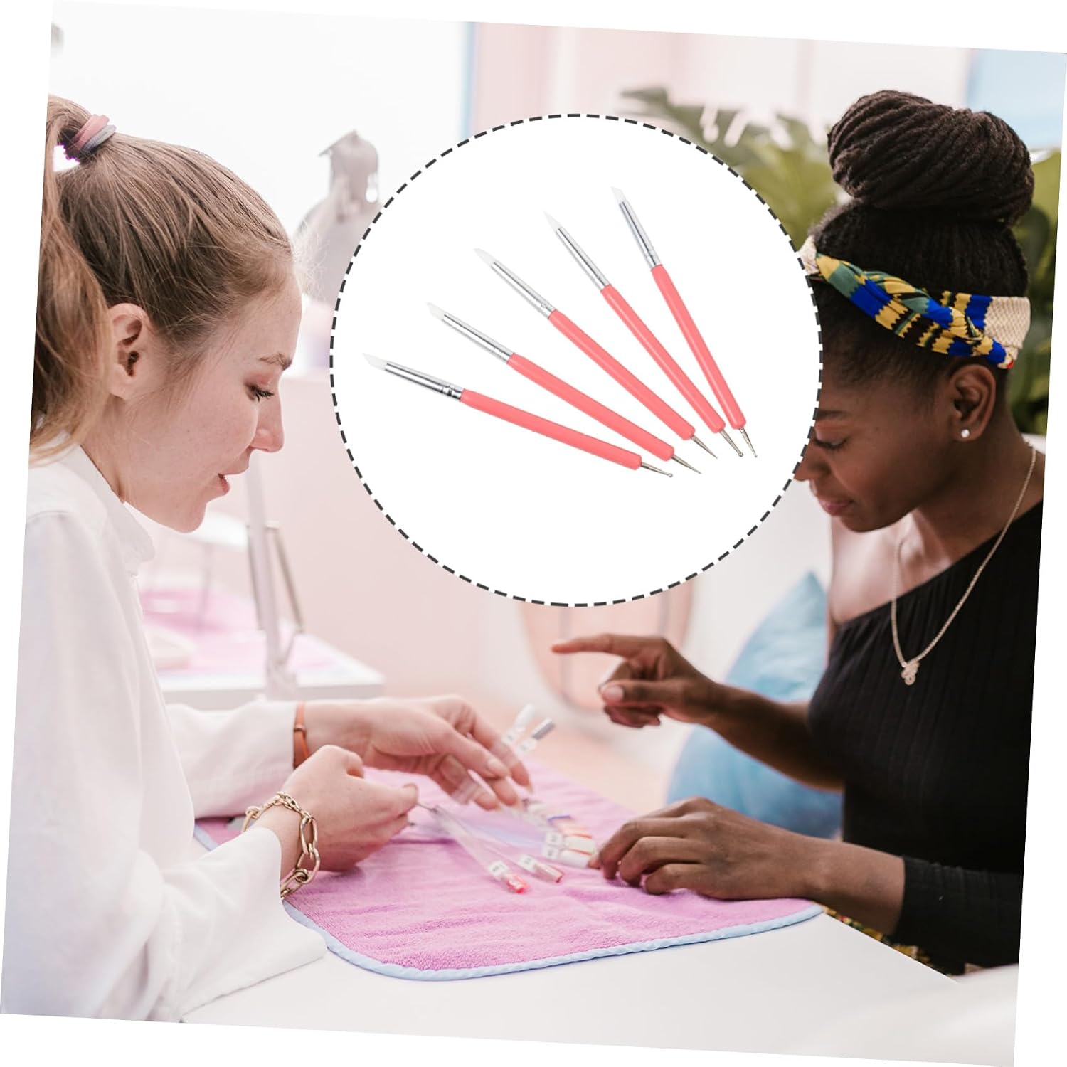 5pcs Nail Art Dotting Tool and Silicone Brush Set Dual-ended Acrylic Nail Pen Pink Color for UV Gel Painting