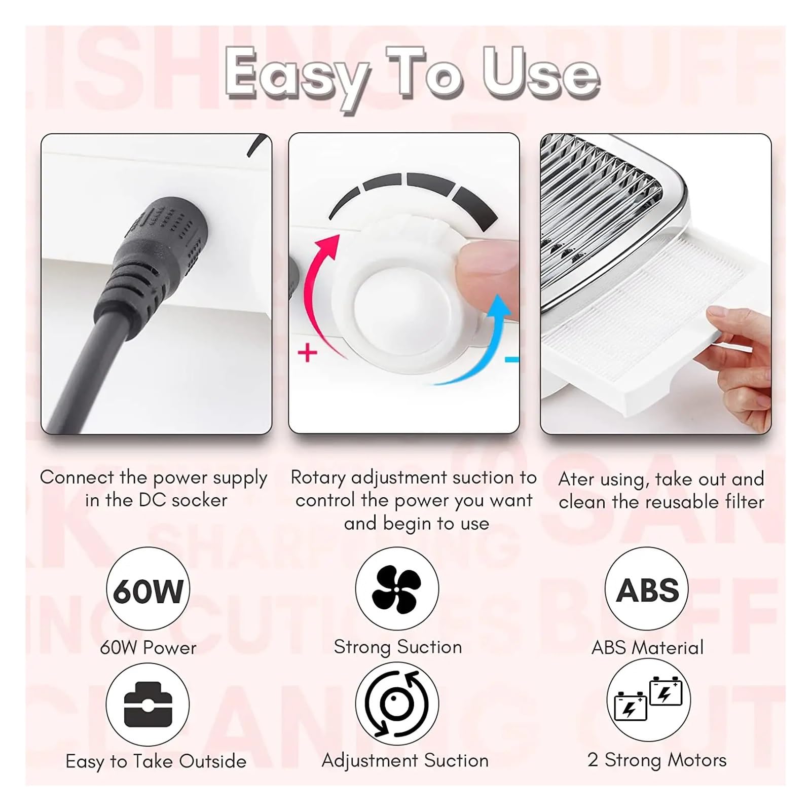 Colector de polvo de uñas, Máquina recolectora de polvo uñas 60W, aspiradora mejorada, ventilador extractor limpiador