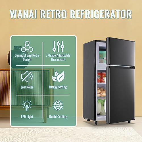 Miniatura 9 de WANAI Mini refrigerador de 3.5 pies cúbicos con congelador, refrigerador compacto para oficina, dormitorio, apartamento, termostato ajustable de 7
