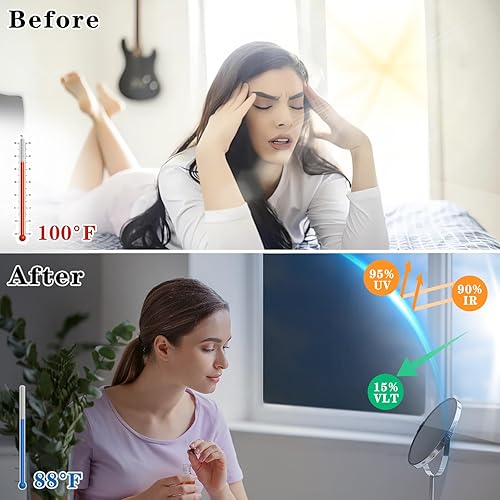 Miniatura 7 de Ohmywor Película de privacidad unidireccional para ventana, bloqueo solar, anti UV, película de tinte para ventana, control de calor, espejo diurno,