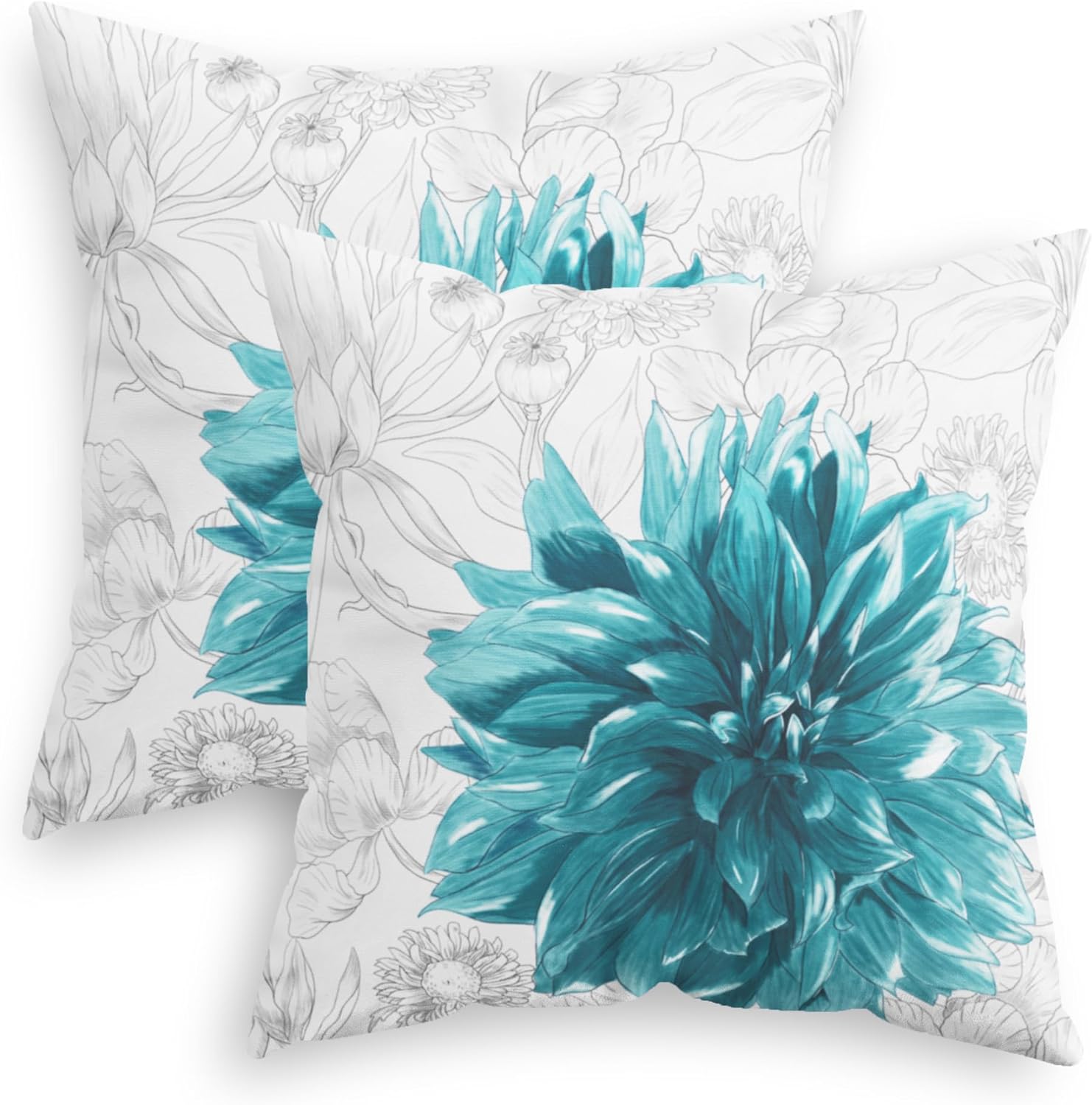 CaliTime Throw Pillow Covers Decorative 18 X 18 Inches Pack of 2 Cozy Fleece Colorful Dahlia Flower Simple Strokes Flora Background Cushion Cases for Couch Bed Sofa Farmhouse Decoration Teal Grey