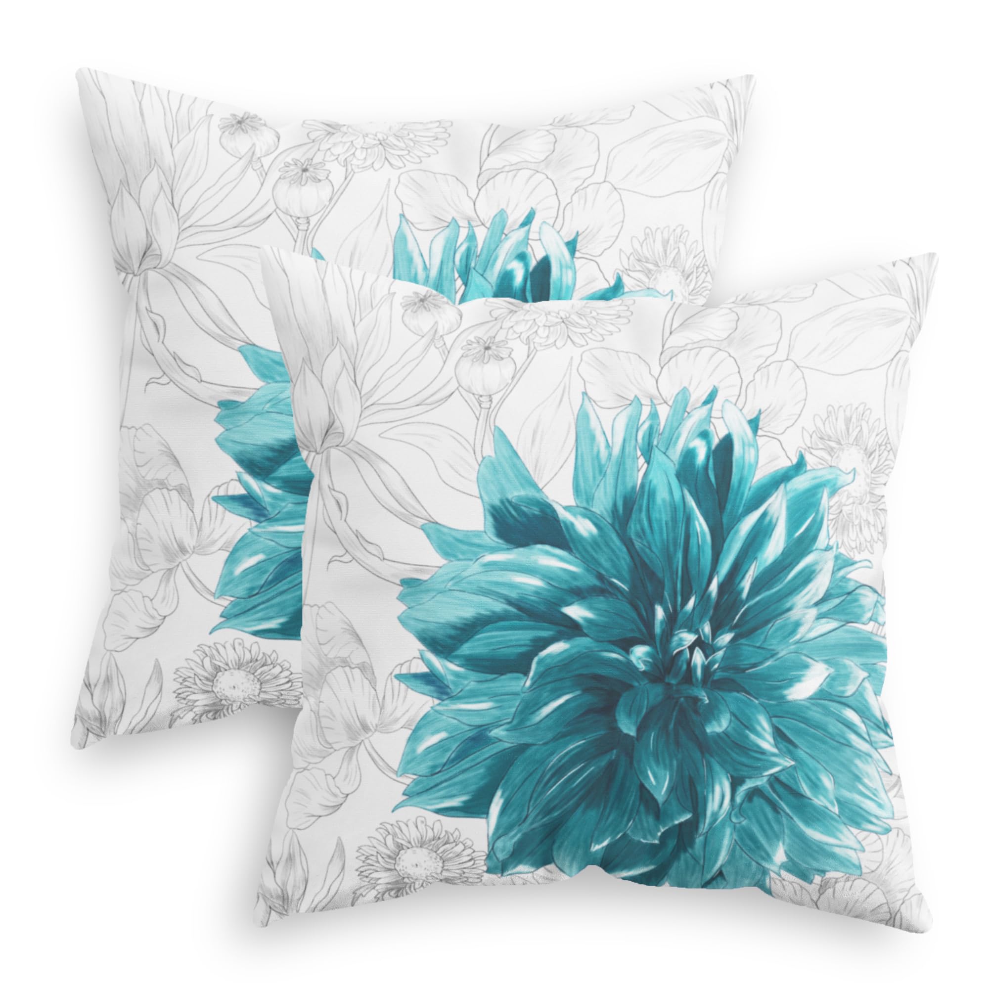 CaliTime Throw Pillow Covers Decorative 16 X 16 Inches Pack of 2 Cozy Fleece Colorful Dahlia Flower Simple Strokes Flora Background Cushion Cases for Couch Bed Sofa Farmhouse Decoration Teal Grey