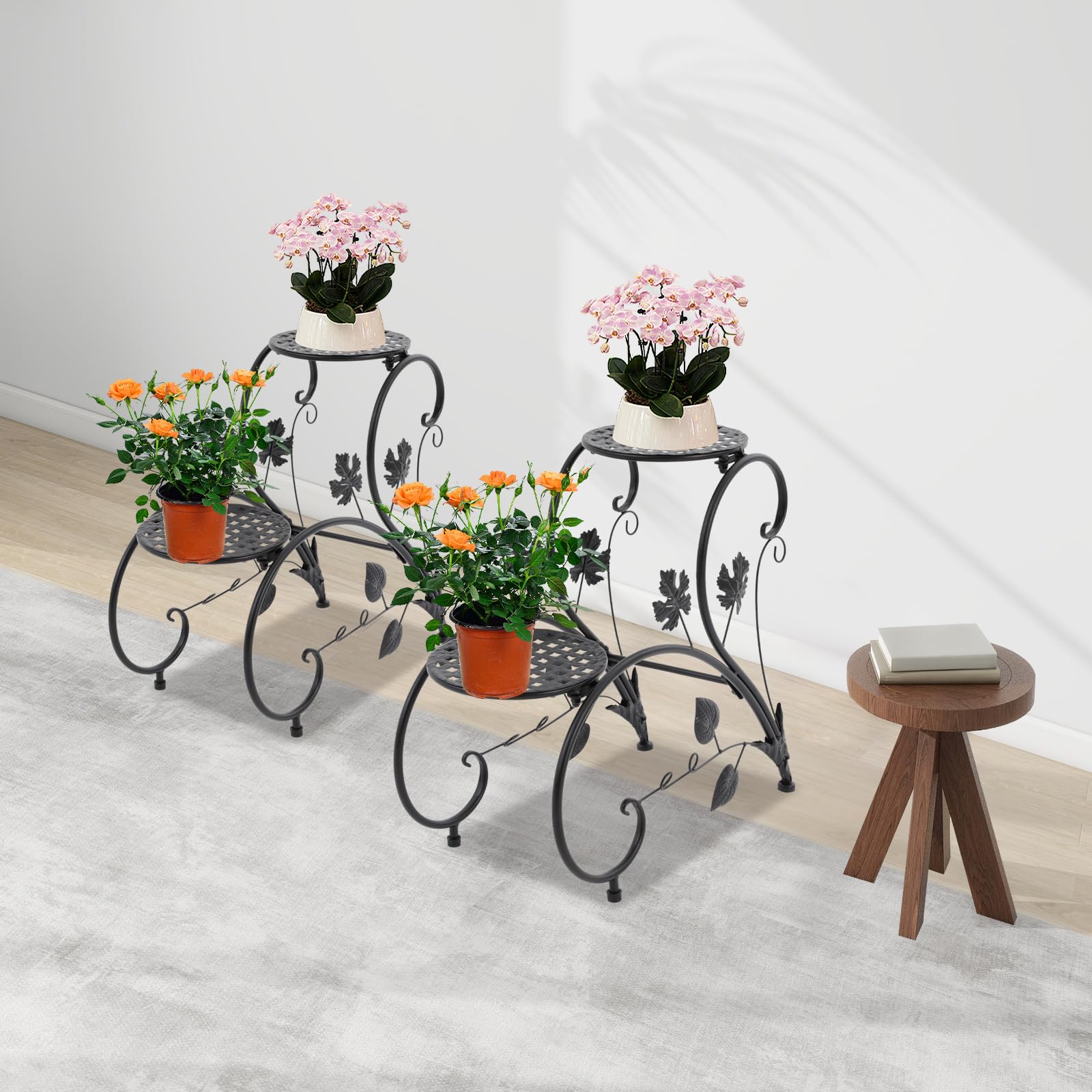 2-poziomowy stojak na kwiaty w stylu vintage z żeliwa | Metalowy stojak na doniczki 41 cm stojak na rośliny dekoracyjne liście pnącza strefy wejściowe werandy ogrody