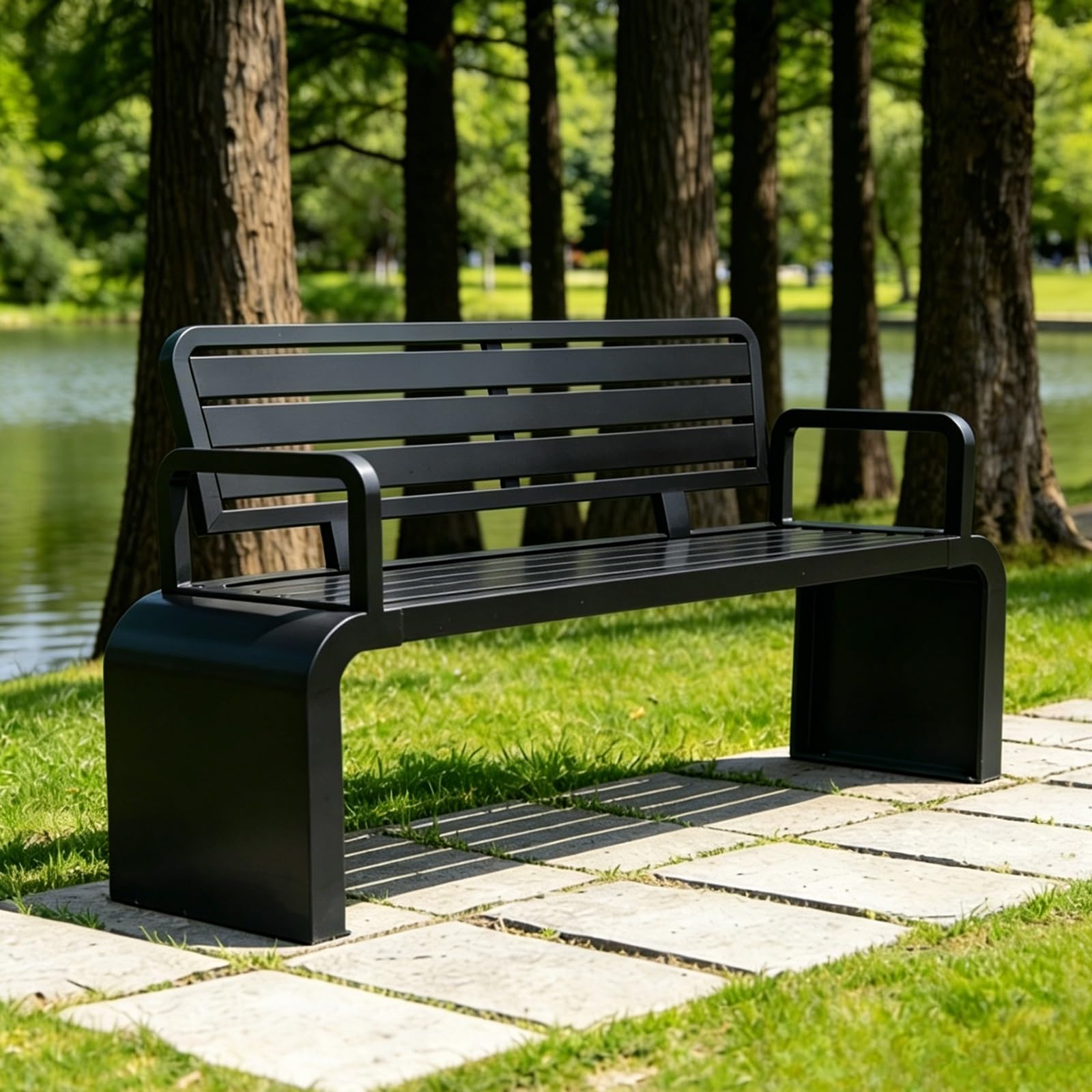 Sitzbank Outdoor aus Verzinktem Stahl, Wetterfeste Gartenbank mit Rückenlehne und Armlehnen, für Garten Rasen Poolbereich Veranda und Spielplatz(Black,120cm/47.2in)