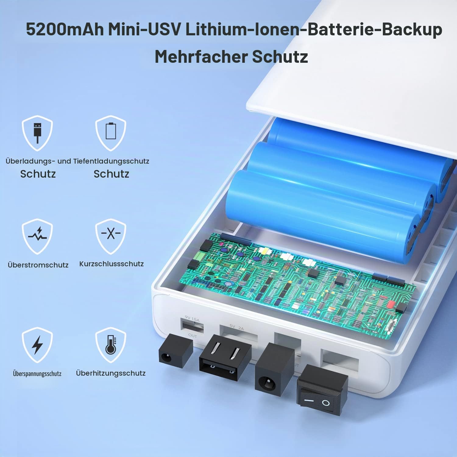 NASTIMA 12V 5200mAh 57,72Wh Lithium-Ionen-Akku Powerbank mit 12V Ausgang 9V DC und 5V USB Dual-Ausgang für LED-Streifen, CCTV-Kameras, Camcorder, Ferngläser usw, mit Ladegerät