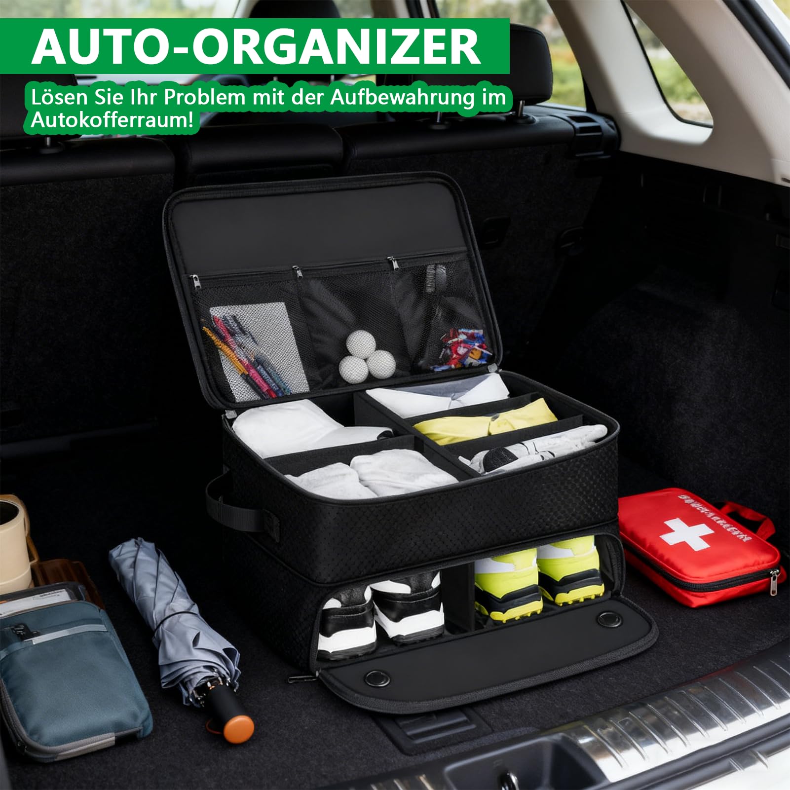 Golf-Kofferraum-Organizer,2-lagiger Golf-Spind für Auto,16.99*12.9*9.84in Golf Trunk Organizer,Auto-Aufbewahrung für Golfzubehör,wasserdichter Auto-Golf-Schließfach mit separatem, belüftetem