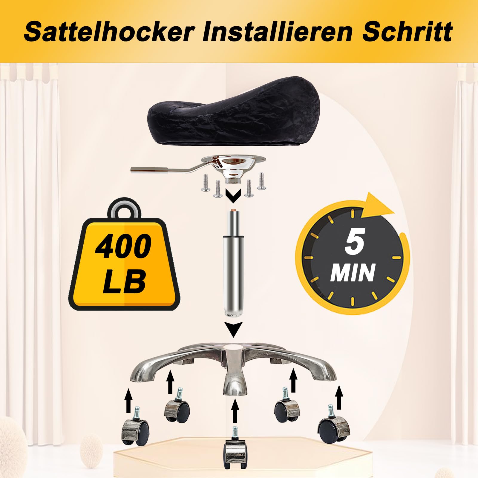 Taburete de Montar, Ergonómico Taburetes con Ruedas Altura Ajustable, Giratorias PU Cuero Giratorias Silla para Peluquería y Tatuajes (Plateado + Negro, Sin Espalda)