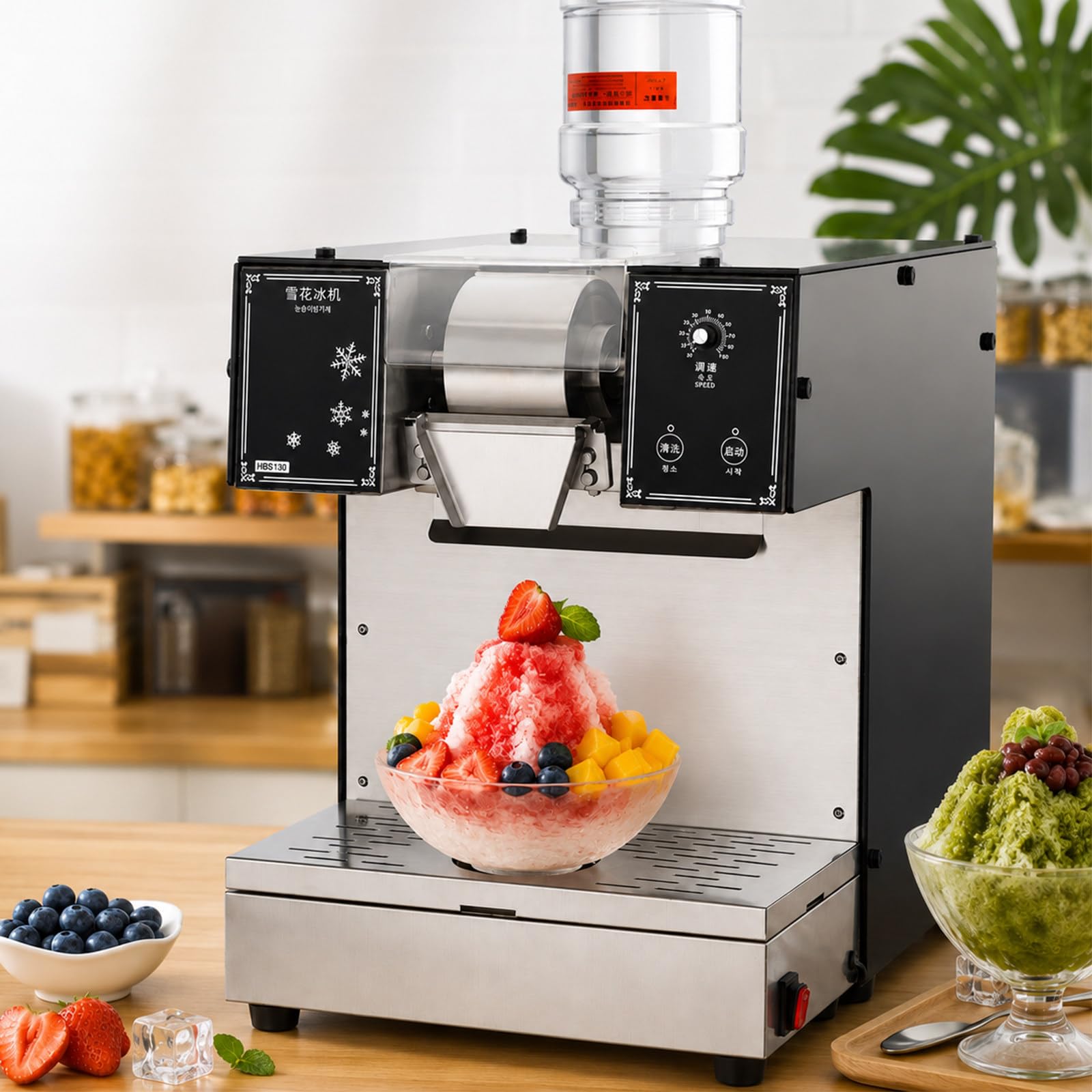 Efficient Shaved Ice Machine with 3-Second Instant Fluffy Ice, 180kg Large Output, Adjustable Speed Dial for Fine/Course Ice & 304 Steel. Great Crushed Ice Maker for Fast-Food Chains and Diners.