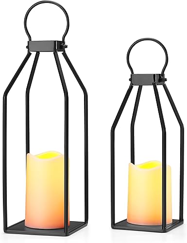 Miniatura 8 de Perfnique Moderno farol decorativo de granja, juego de 2 faroles de metal negro de 15 pulgadas y 13 pulgadas, 2 velas LED de temporizador de 6 horas
