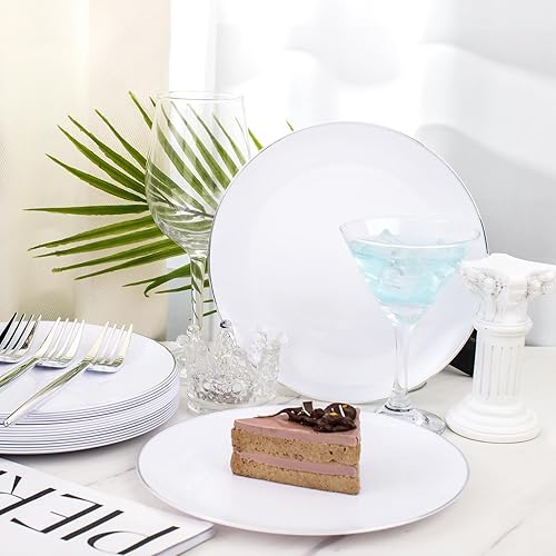 Miniatura 3 de Rubtlamp 100 platos de postre de plástico plateado de 7.5 pulgadas, 100 tenedores plateados desechables, platos de plástico blanco con borde