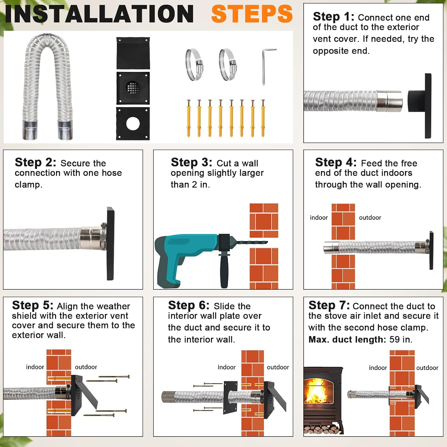 VICAMB Pellet Stove Vent Pipe Kit, Pellet Stove Fresh Airs Intake Kit