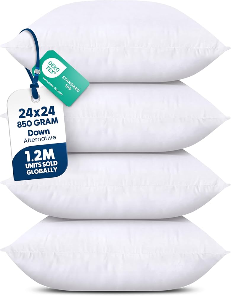 Utopia Bedding Throw Pillows (Set of 4, White) – 24 x 24 Inches Down Alternative Pillows for Bed, Sofa, and Couch - Fluffy Decorative Stuffer Pillow for Indoors & Outdoors