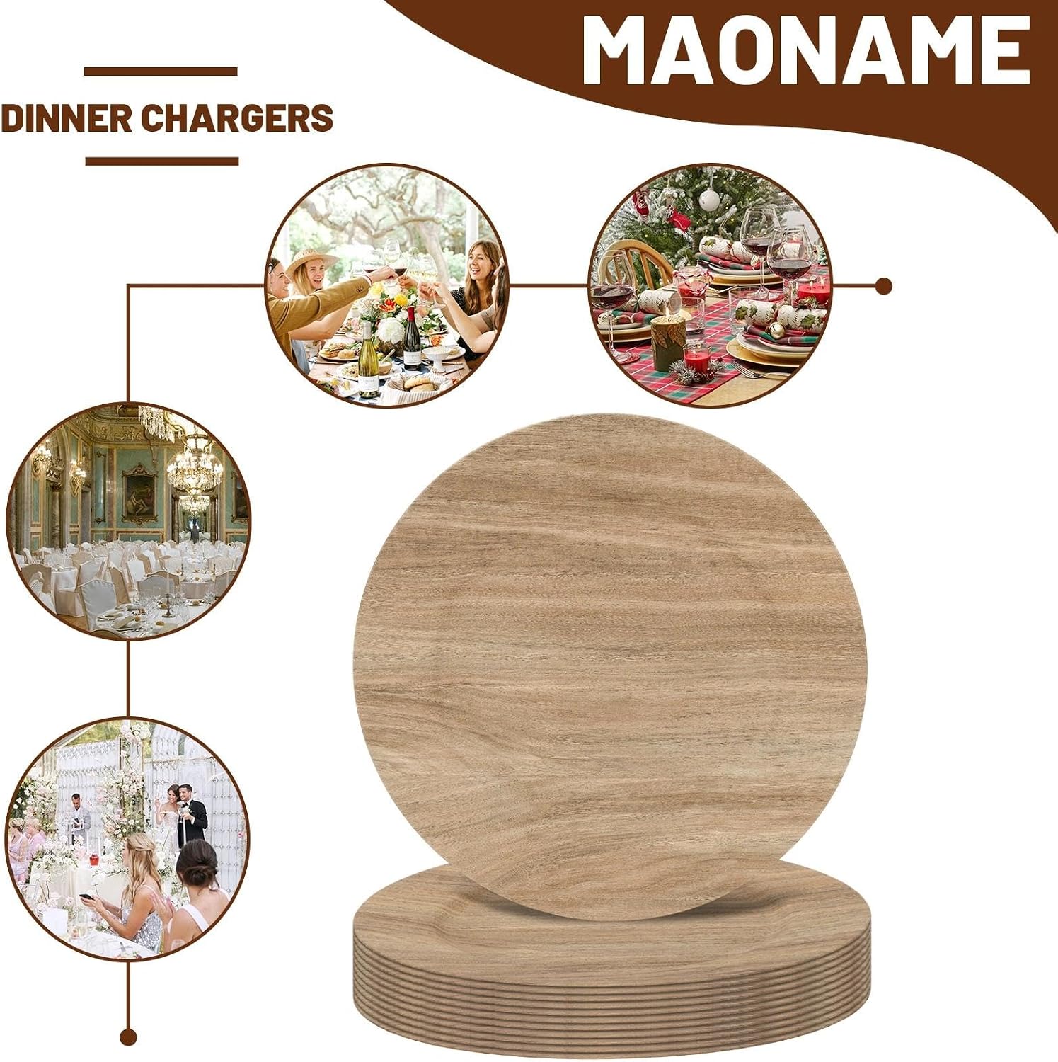 MAONAME Rustic Charger Plates Set of 12, Wood Charger for Dinner Plates
