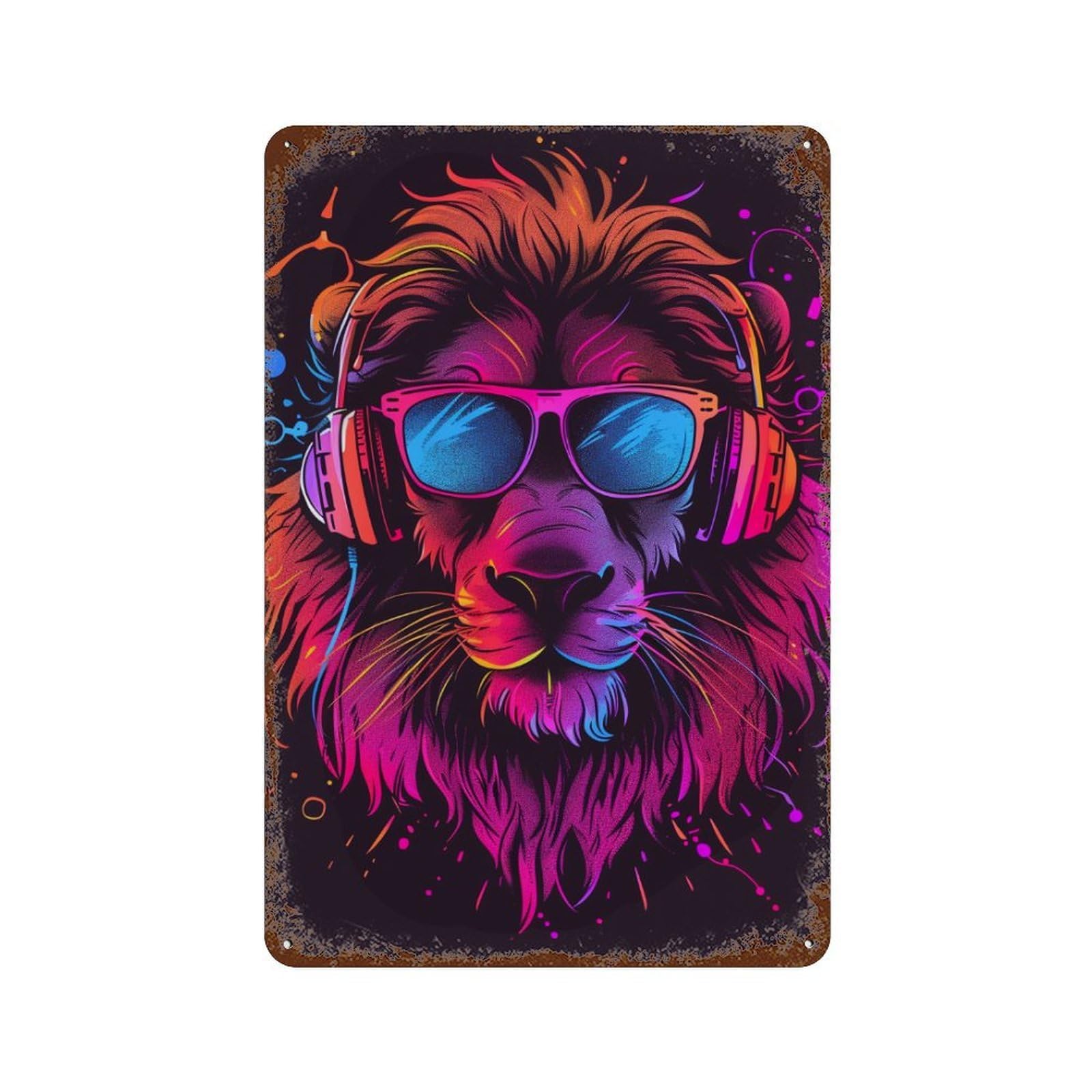 Neon Lion Headphones Art Print -2 Vintage Metal Tin Sign 11.8"x7.9", Ideal for Living Room, Hallway And Home Decor