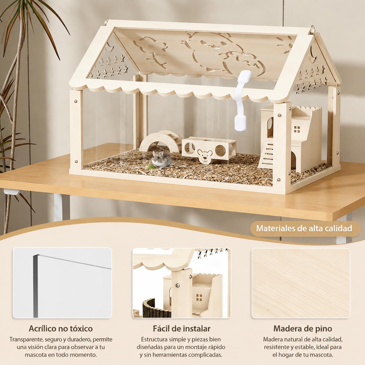 Jaula para Hámster, Hábitat Transparente de Acrílico para Hámsteres Enanos y Pequeños Roedores con Escalera, Túnel y Casa, 60 × 30 × 40 cm