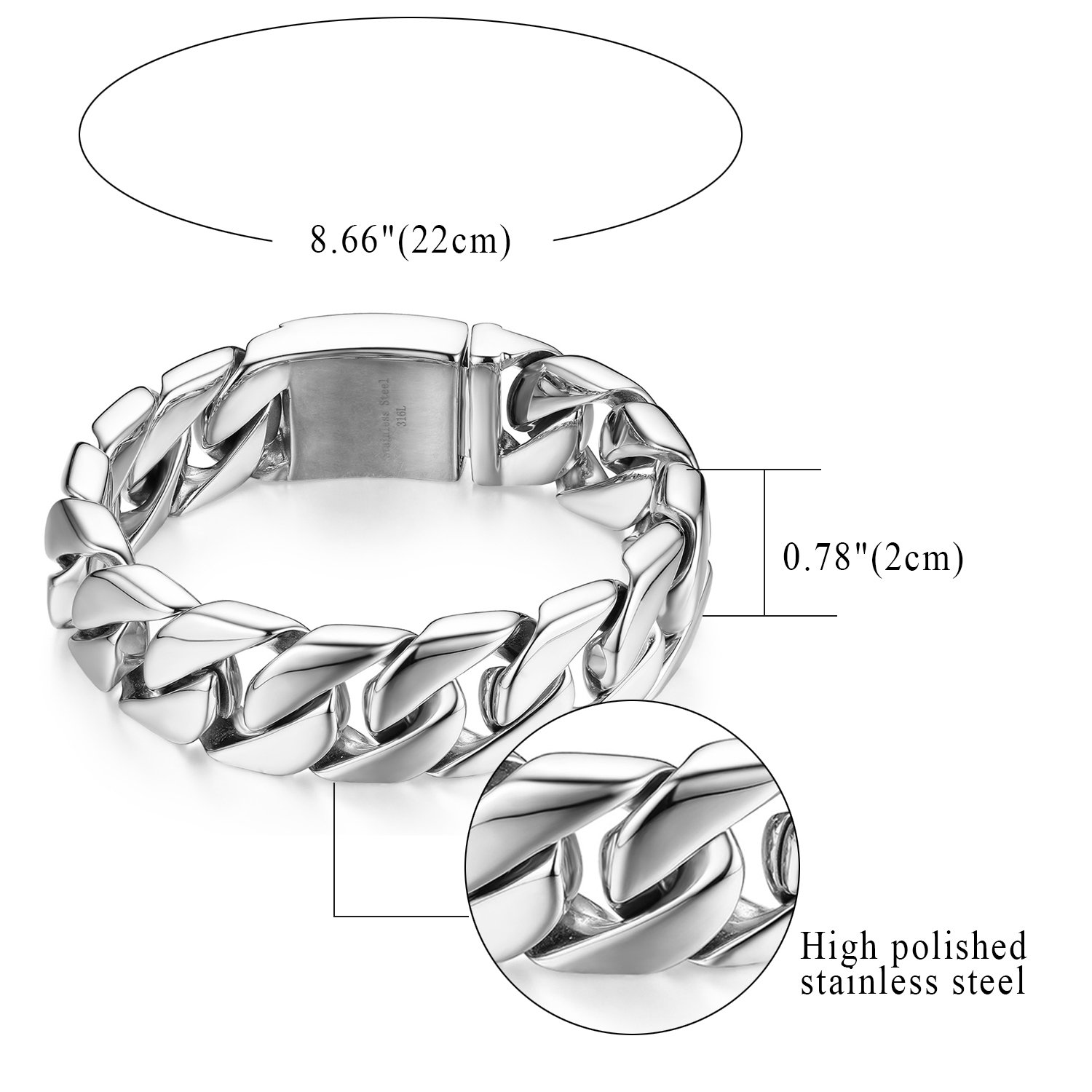 JewelryWe Gioielli Braccialetto da Uomo in Acciaio Inossidabile, Catena Colore Argento 24mm, 30mm(con Borsa Regalo)