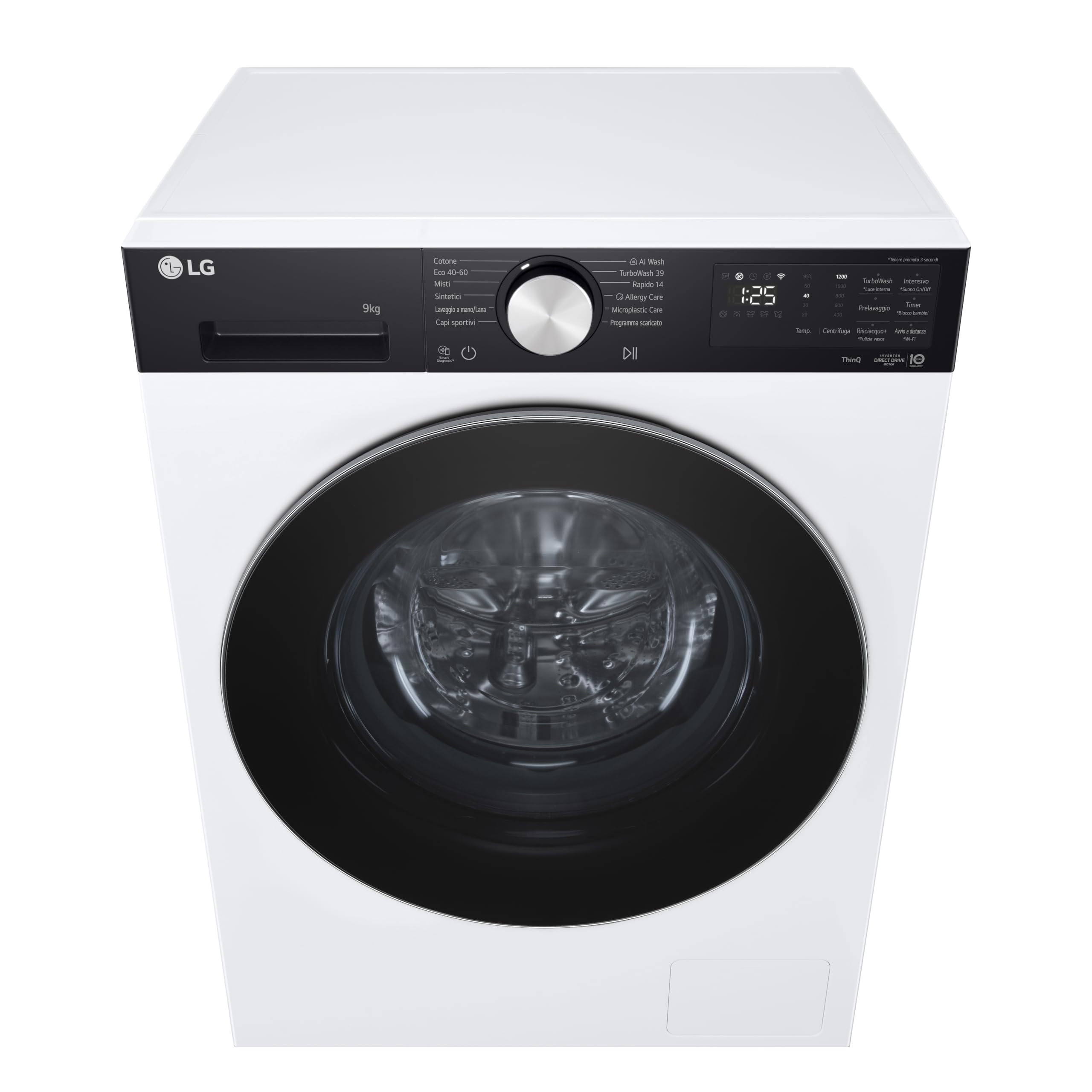LG F2NX50S9TKC Lavatrice Slim 9 kg Next AI DD, Classe A -30%, 1200 Giri, Programma AI Wash con Intelligenza Artificiale, Wi-Fi, Allergy Care, TurboWash 360, Serie X5, White Black Pannel e Silver Knob