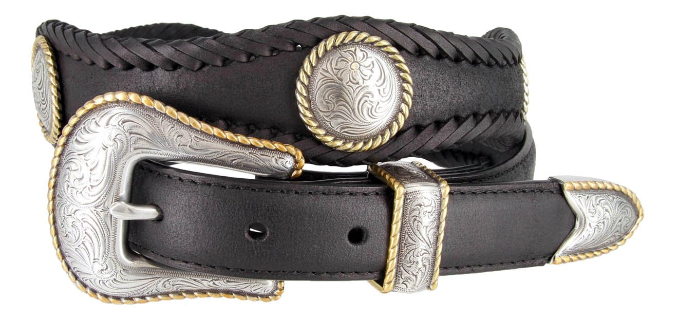 Baron Gold Round Rope Edge Conchos Western Leather Scalloped Belt 1 1/2" Wide