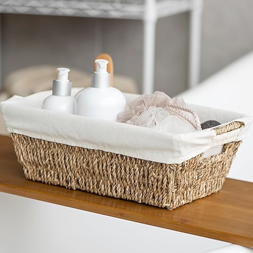 Miniatura 2 de JS HOME Cestas de almacenamiento de mimbre con forros, cestas de almacenamiento de hierba marina con asas integradas tejidas a mano, cajas de