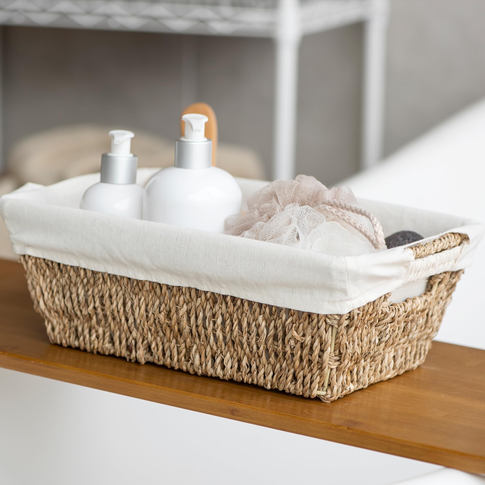 Cestas de almacenamiento de mimbre con forros, cestas de almacenamiento de junco marino con asas integradas, cestas tejidas a mano, cajas de almacenamiento para ropa, tocador, baño, estantes,