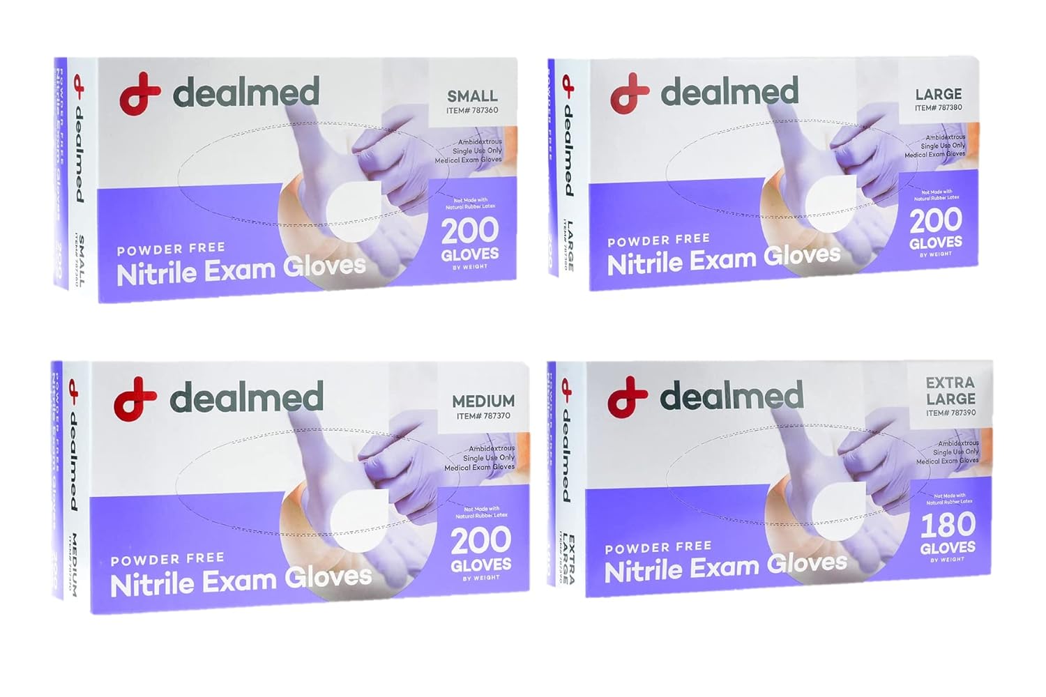 Dealmed Nitrile Exam Glove Bundle | Includes 1 Box Each of Small, Medium, Large, X-Large Gloves | Non-Irritating Latex Free, Multi-Purpose Use Medical Gloves